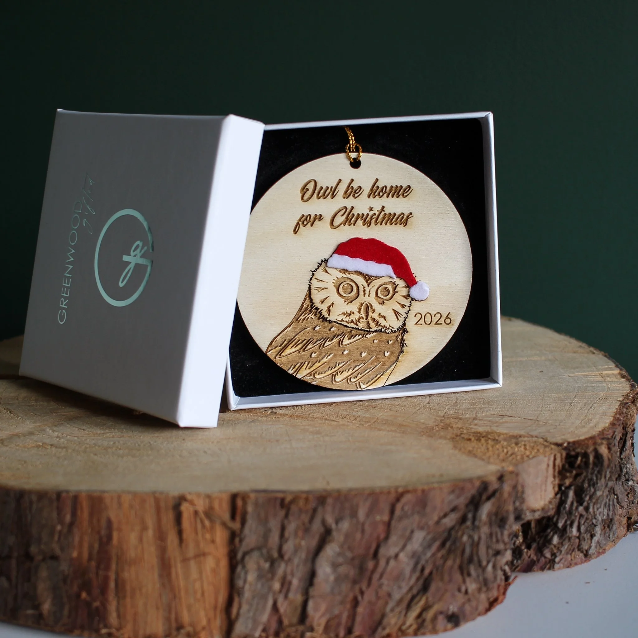 Wooden owl Christmas ornament with optional 2026 year engraving, presented in a white Greenwood Gifted gift box with black insert.