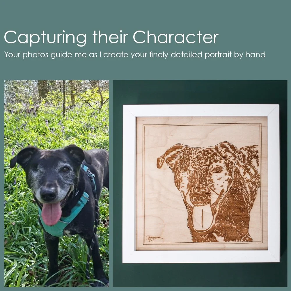 Showing a wooden pet portrait and reference photo. The side by side displays the artists commitment & ability to capture character along with their style as they draw by hand.
