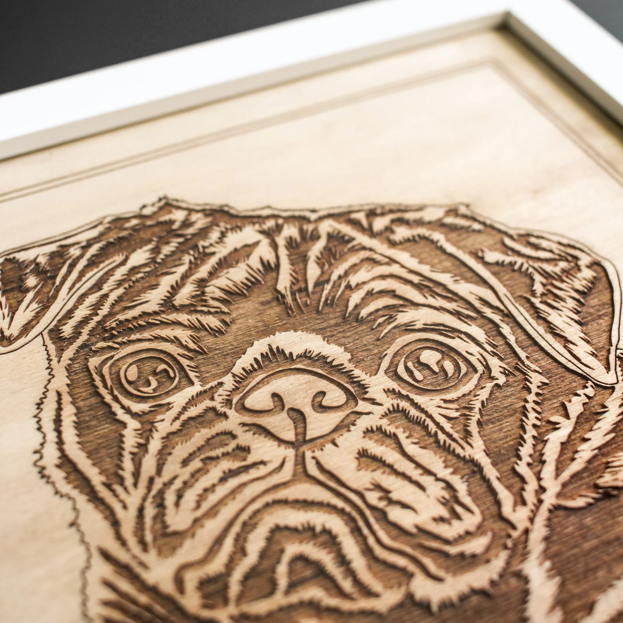 A detail shot of a pet portrait engraving of a pug dog. The engraving is detailed and full of character. The texture is clear where the engraving has darkened and indented the light wood.