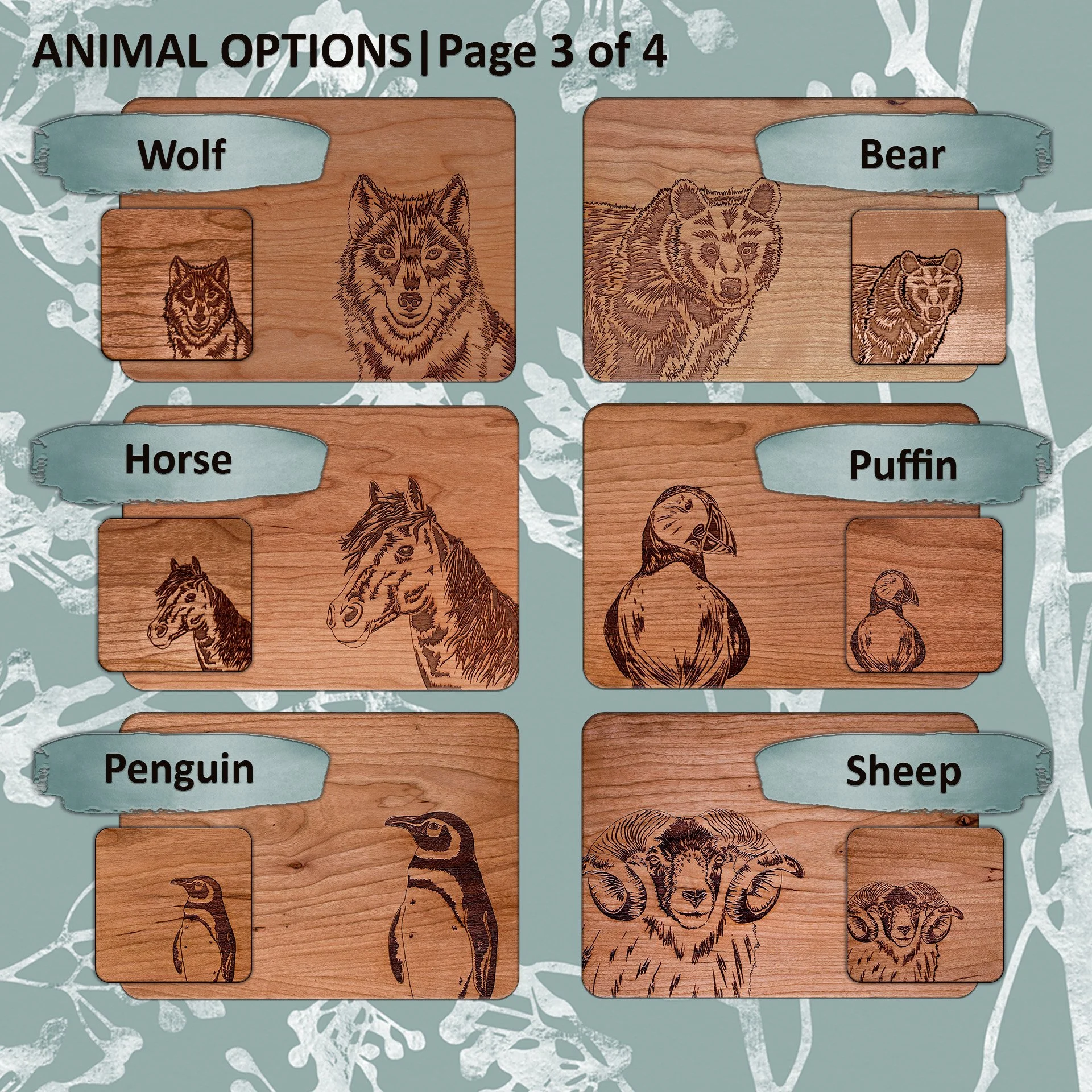 Page 3 of 4 of original engraved animal illustrations. Included here: wolf, bear, horse, puffin, penguin, sheep.