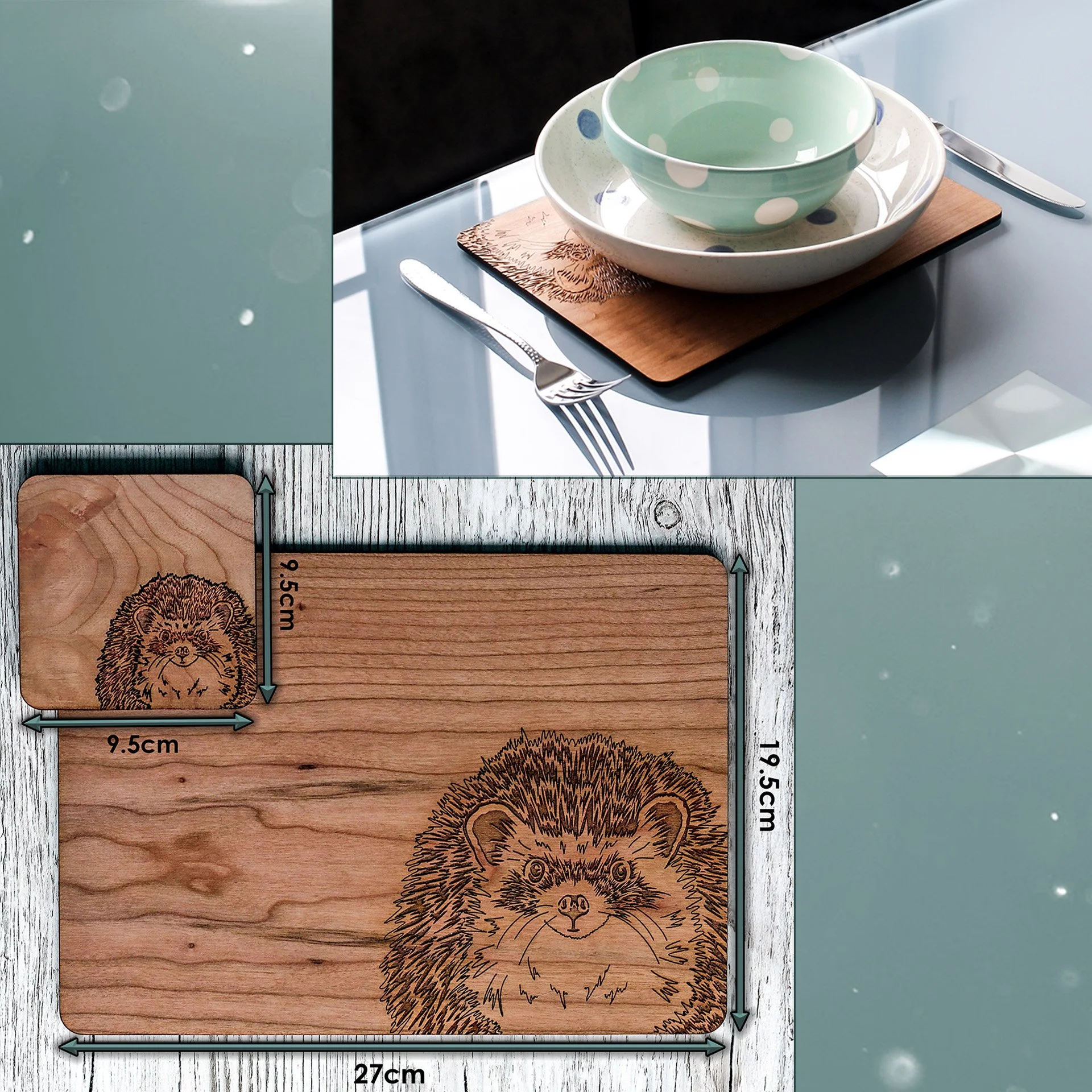Dimensions of placemat: 27cm x 19.5cm. Coaster 9.5cm x 9.5cm. Shown in table setting, ideal for normal everyday use.