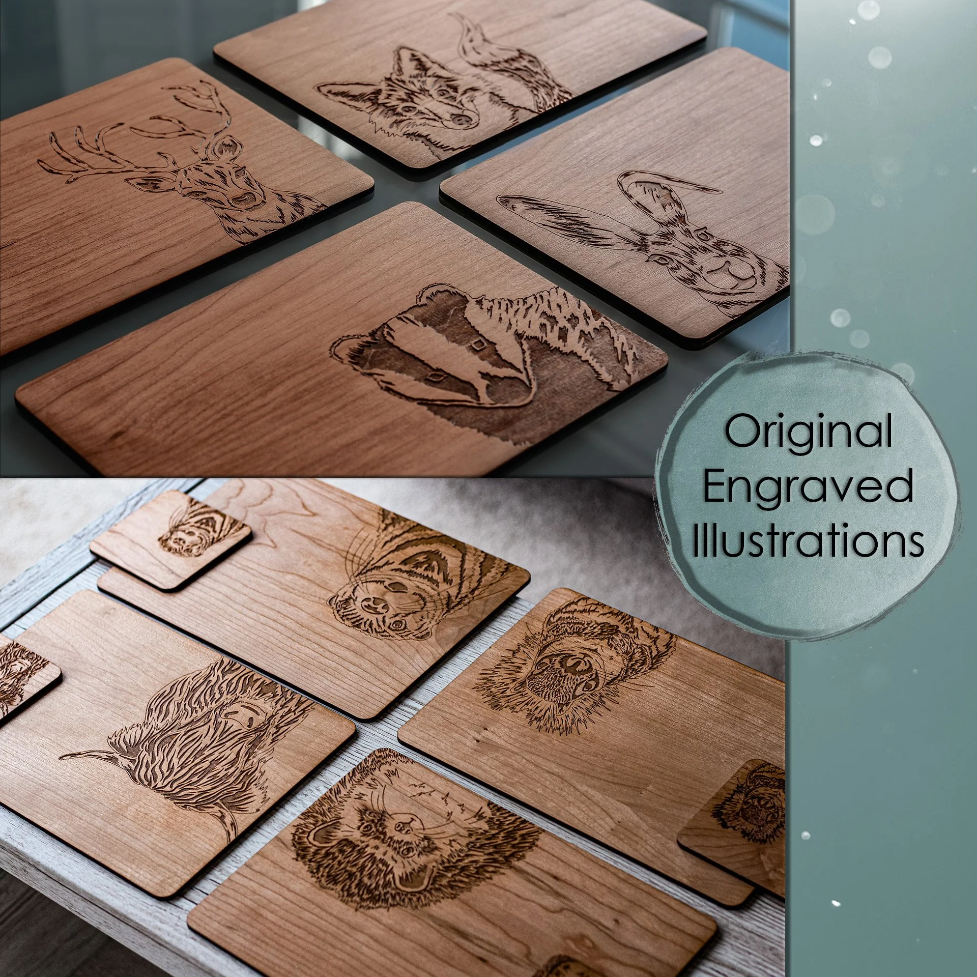Placemat and coaster sets with original animal illustrations engraved onto cherry wood. Curate your set from 13 designs. The wood is triple sealed for a protected and practical gloss finish.