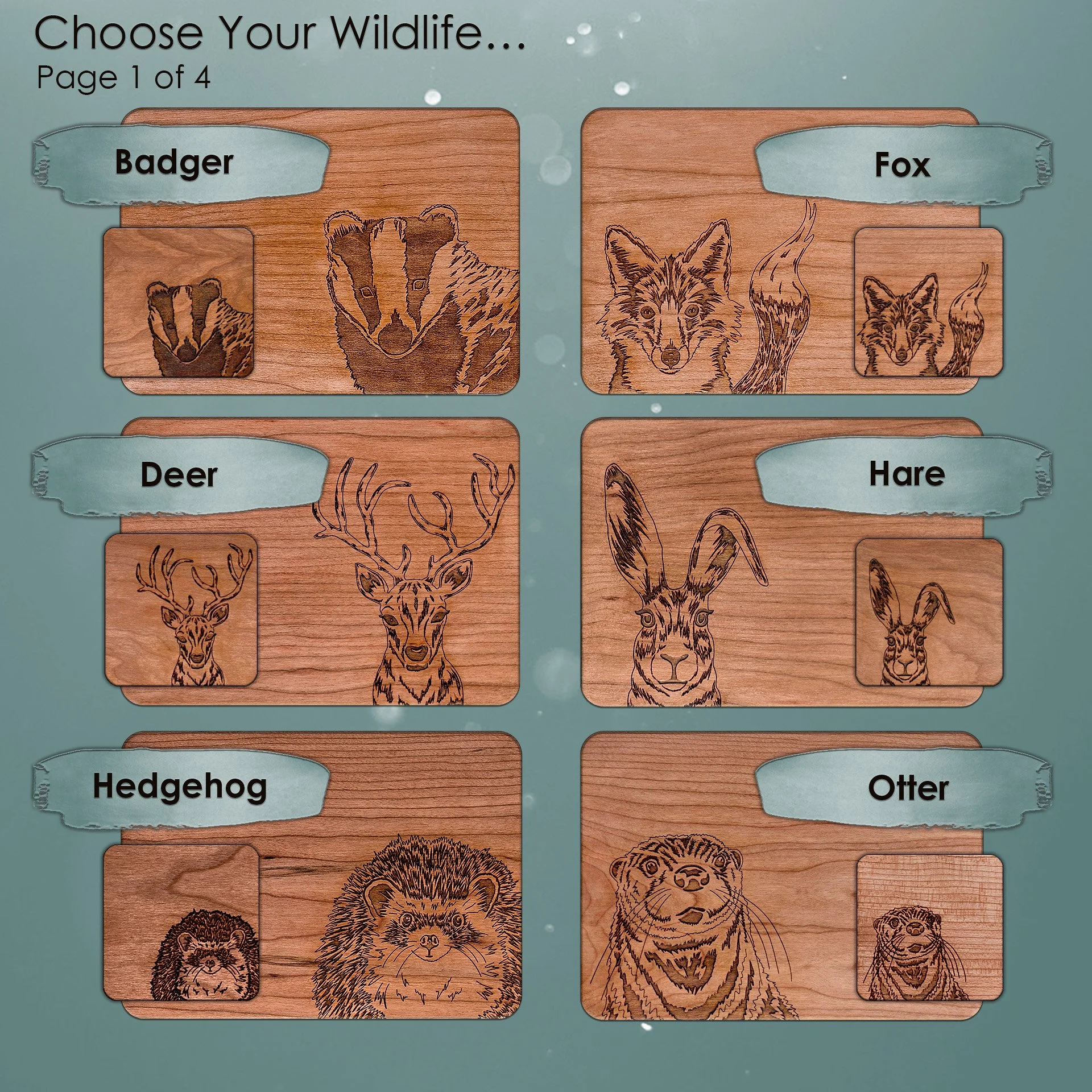 Page 1 of 4 of original engraved animal illustrations. Mix and match to curate your set. 6 animal placemat and coaster designs are shown: badger, fox, deer, hare, hedgehog, otter.