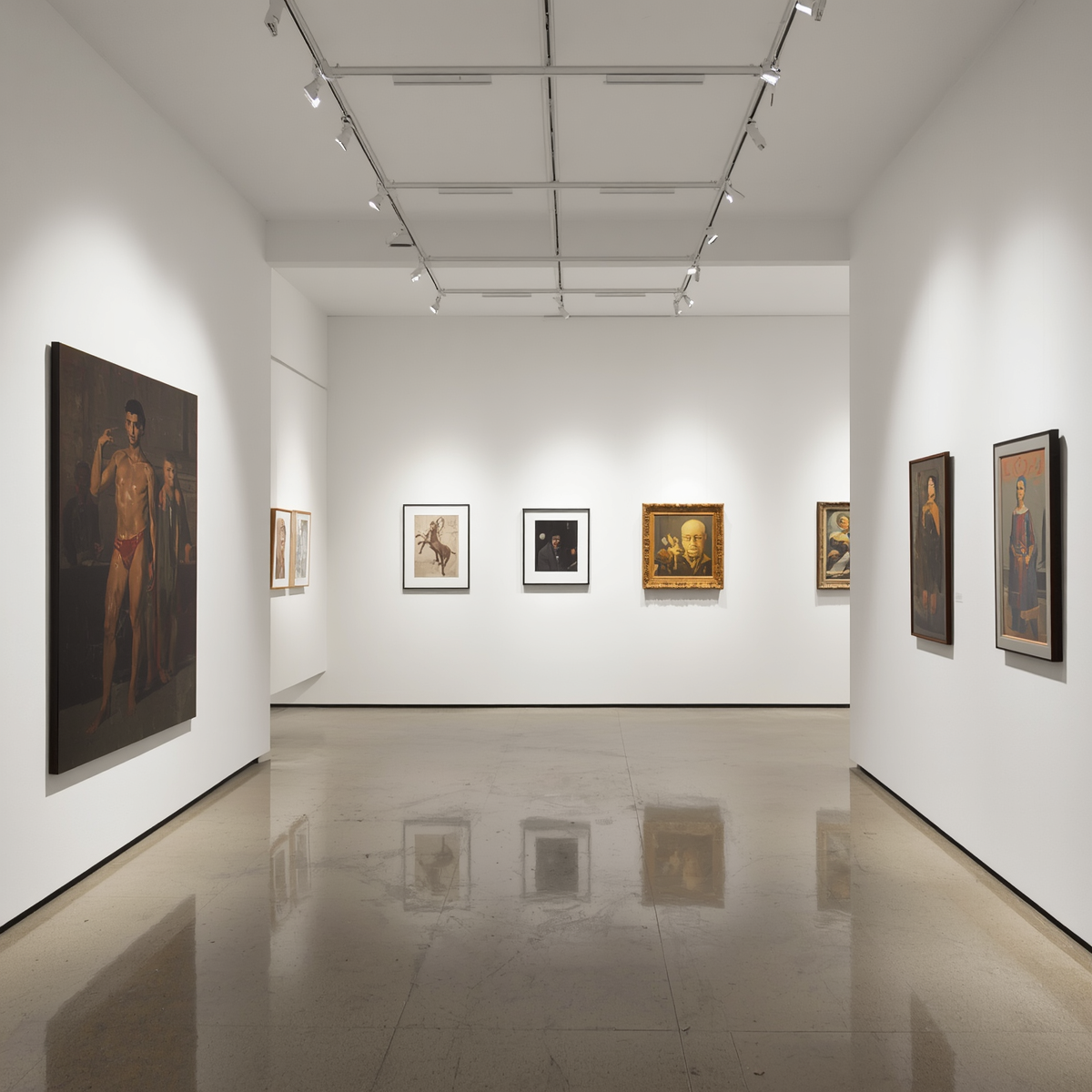 A curated art gallery with elegant white walls, contemporary artworks displayed with professional spacing, polished floors, track lighting illuminating the pieces, minimalist aesthetic, sophisticated atmosphere.jpg