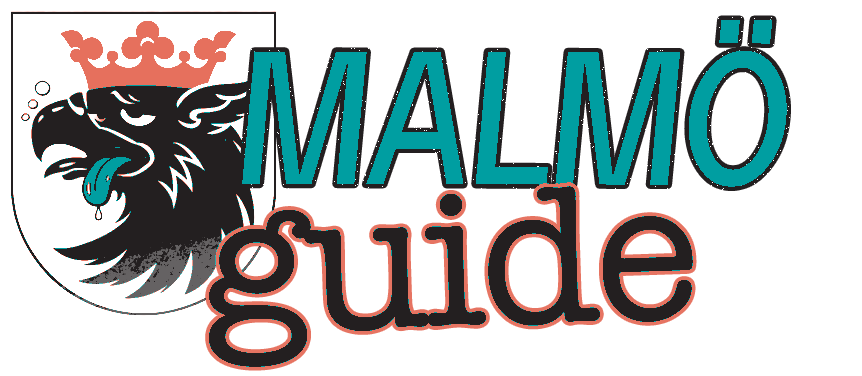 Malmö Guide logo featuring a stylized lion with a crown, in teal and pink colors.