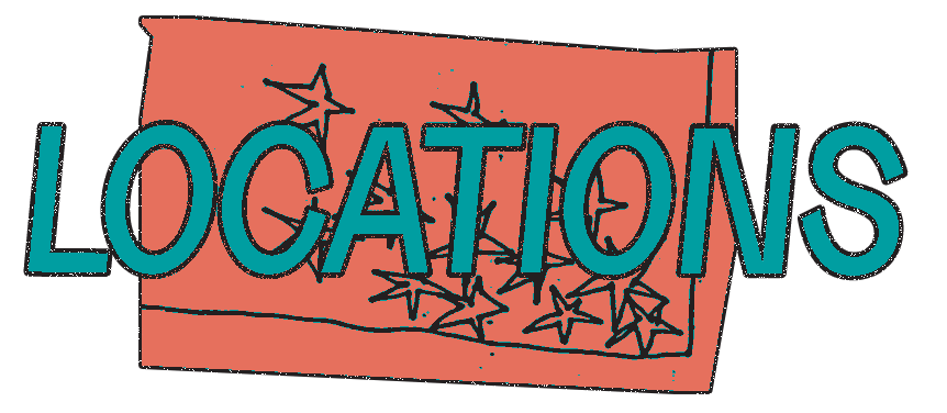 Sign reading 'LOCATIONS' with a pink background and star illustrations