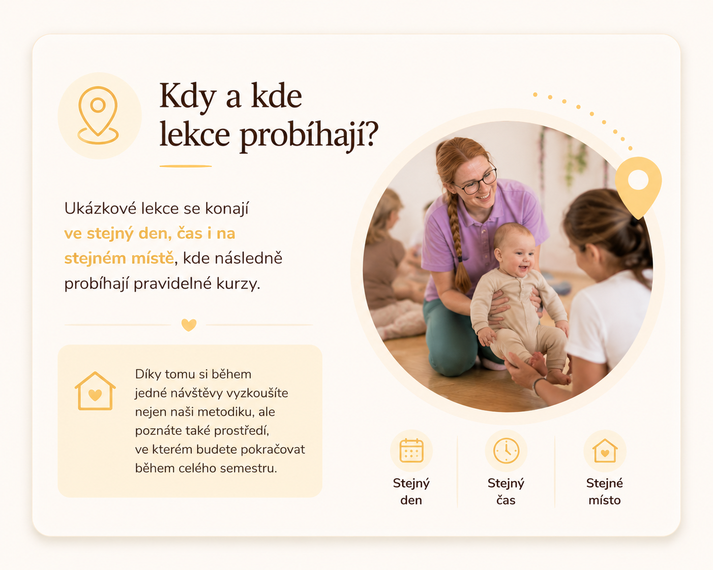 Ukázkové lekce BabYogy probíhají ve stejný den, čas i na stejném místě jako navazující pravidelné kurzy, aby si rodiny vyzkoušely prostředí i atmosféru budoucího kurzu.