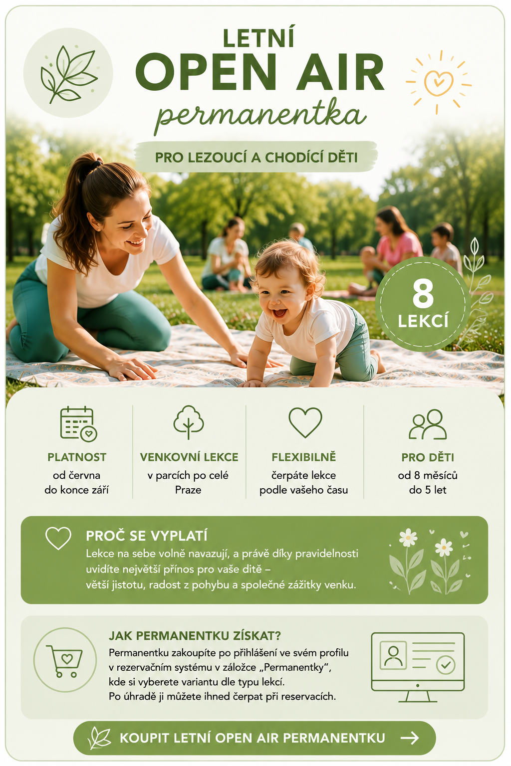 Letní OPEN AIR permanentka BabYogy v Praze pro děti od 8 měsíců do 5 let – 8 flexibilních venkovních lekcí v parcích.