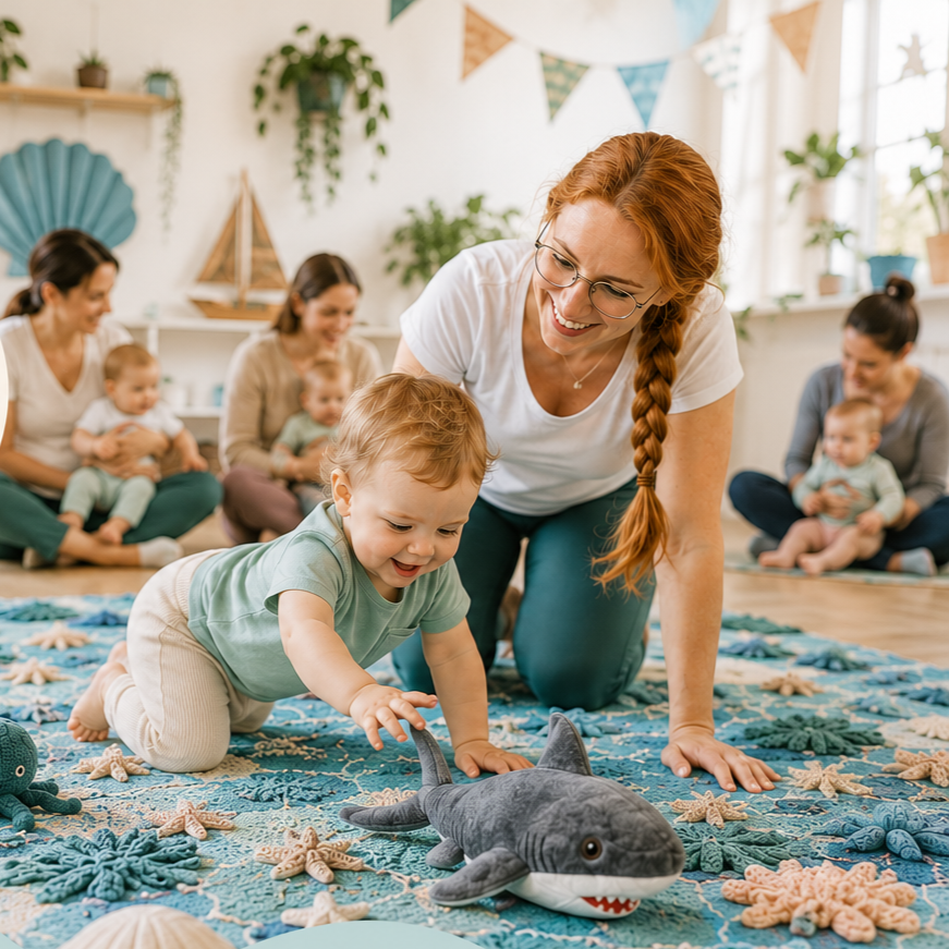 Maminka s přibližně pětiměsíčním miminkem na otevřené lekci BabYogy ve světlém studiu na Praze 5 Smíchově