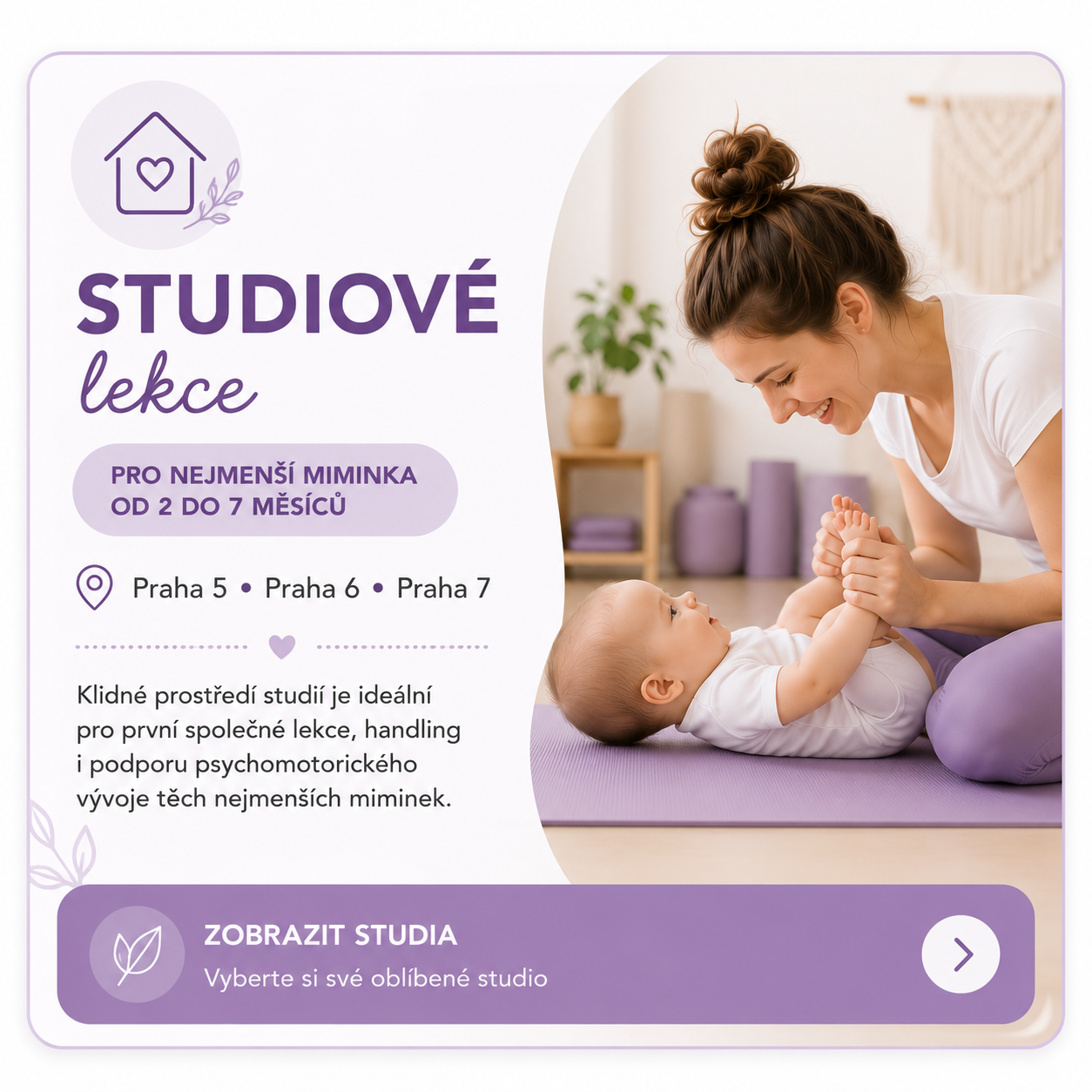 Maminka s miminkem na letní studiové lekci BabYogy pro děti od 2 do 7 měsíců v Praze. Klidné prostředí podporuje handling, psychomotorický vývoj a první společné zážitky.