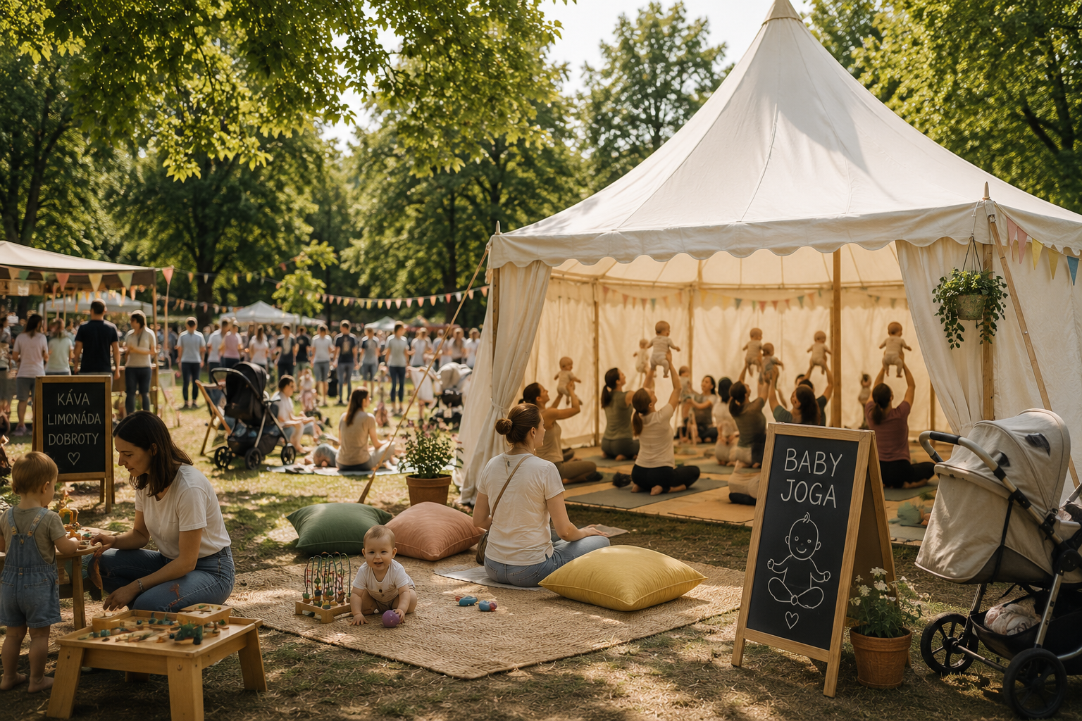 Lekce BabYogy pro miminka a rodiče v bílém šapitó na rodinném festivalu VyšeHrátky ve Vyšehradských sadech.