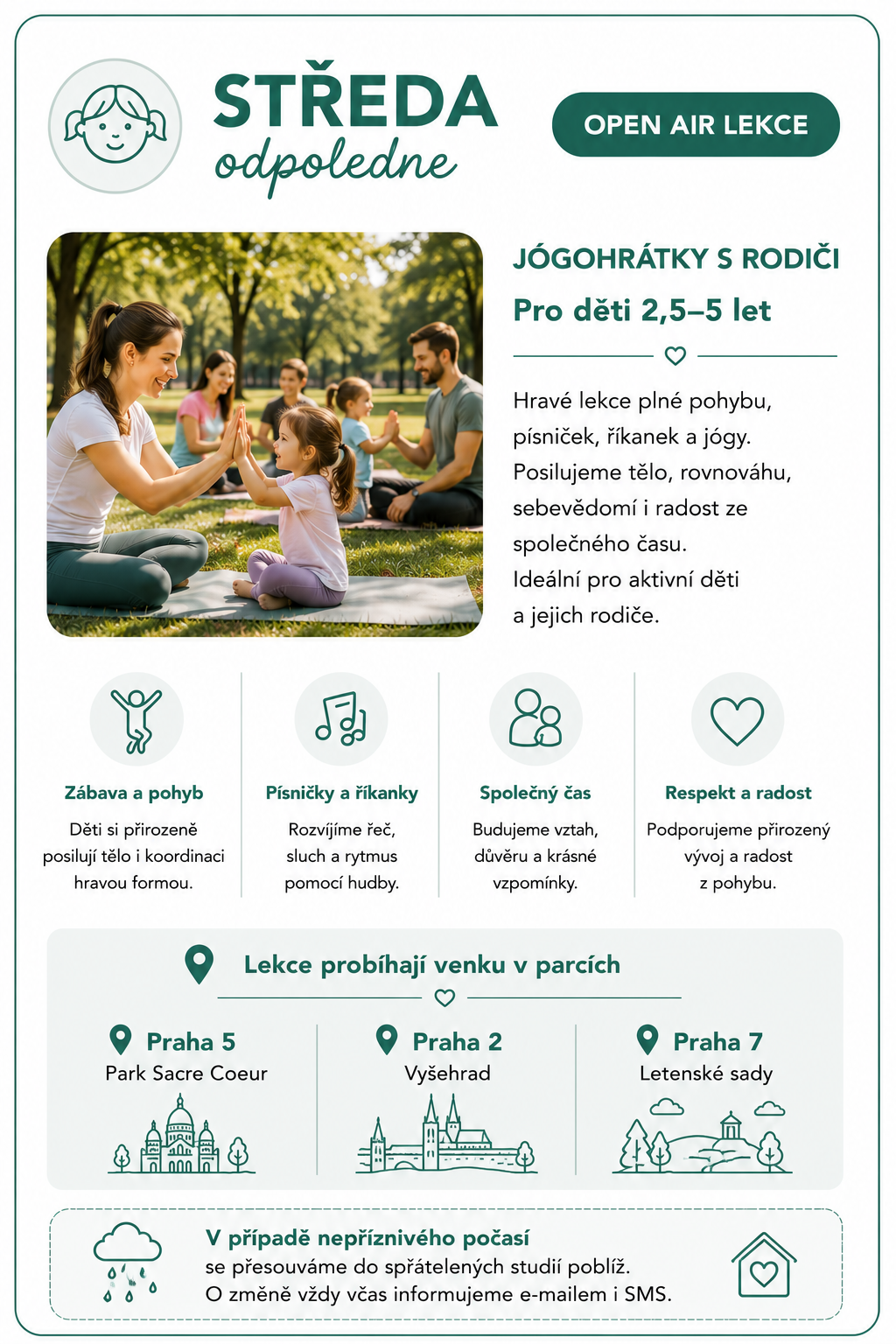 Děti na letních JógoHrátkách pro děti od 2,5 do 5 let a jejich rodiče v Praze na Letné, Vyšehradě nebo Smíchově.
