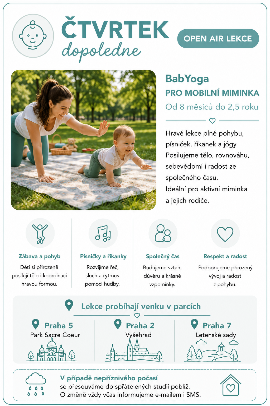 Maminky s mobilními dětmi na letní open air lekci BabYogy pro děti od 8 měsíců do 2,5 roku na Letné, Vyšehradě nebo Smíchově v Praze.