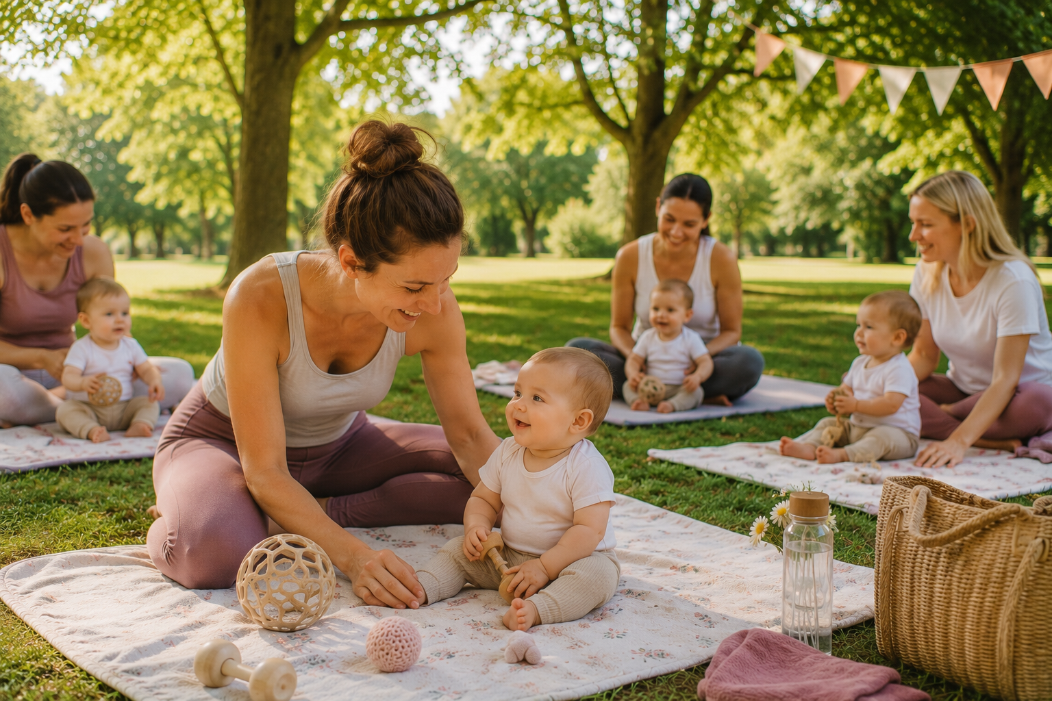 Maminky s miminky během letní otevřené lekce BabYogy v parku pod širým nebem ve Vyšehradských sadech na Praze 2