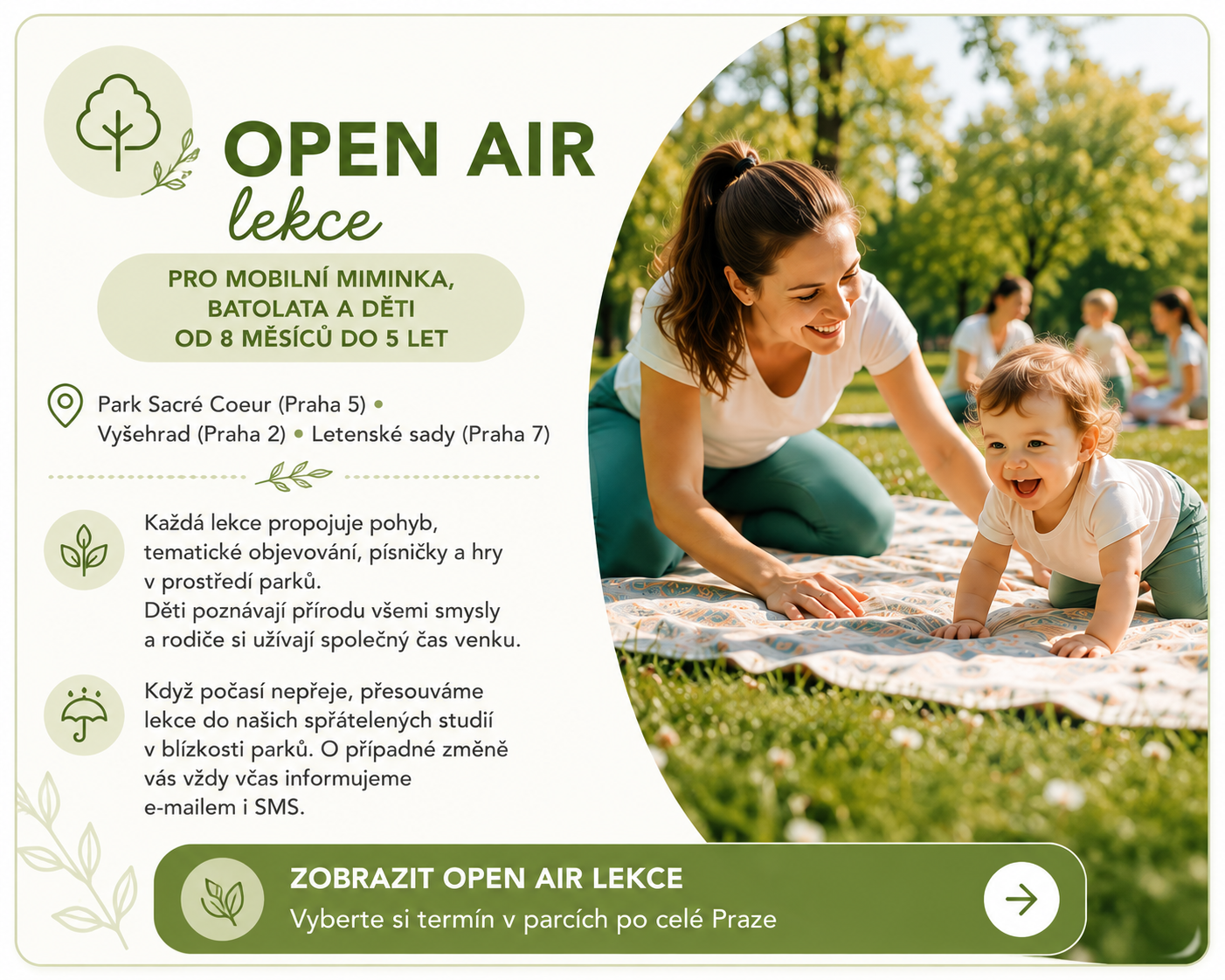Maminka s lezoucím miminkem na letní OPEN AIR lekci BabYogy v parku v Praze pro děti od 8 měsíců do 5 let. Tematické lekce propojují pohyb, písničky, hry a objevování přírody všemi smysly.