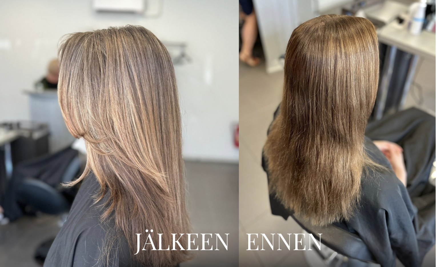 Hiusten ennen ja jälkeen kuvat Donna Beautyn kampaaja Hannan tekemästä hiusmuutoksesta Tikkurilassa.