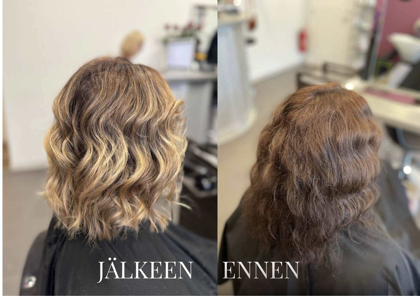 Hiusten ennen ja jälkeen kuvat Donna Beautyn kampaaja Hannan tekemästä hiusmuutoksesta Tikkurilassa.