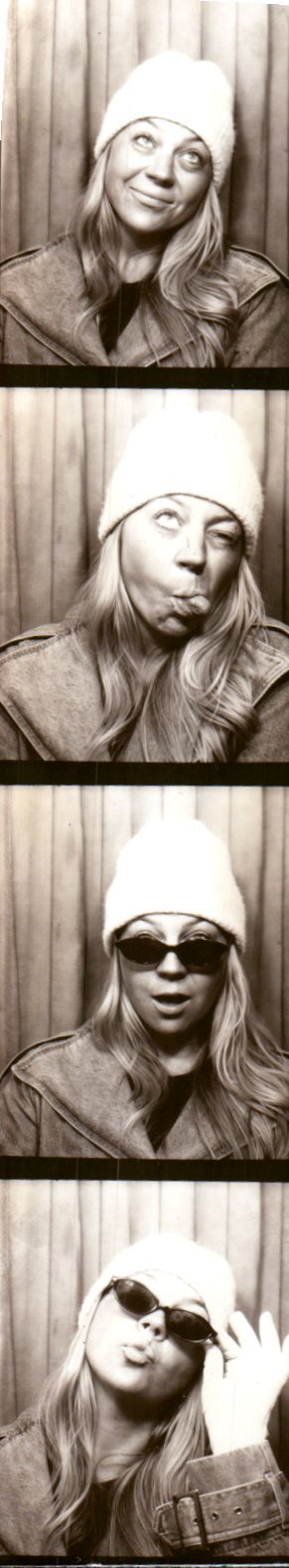 A woman in four photo booth images, wearing a beanie and jacket, making playful faces and wearing sunglasses in the last two photos.