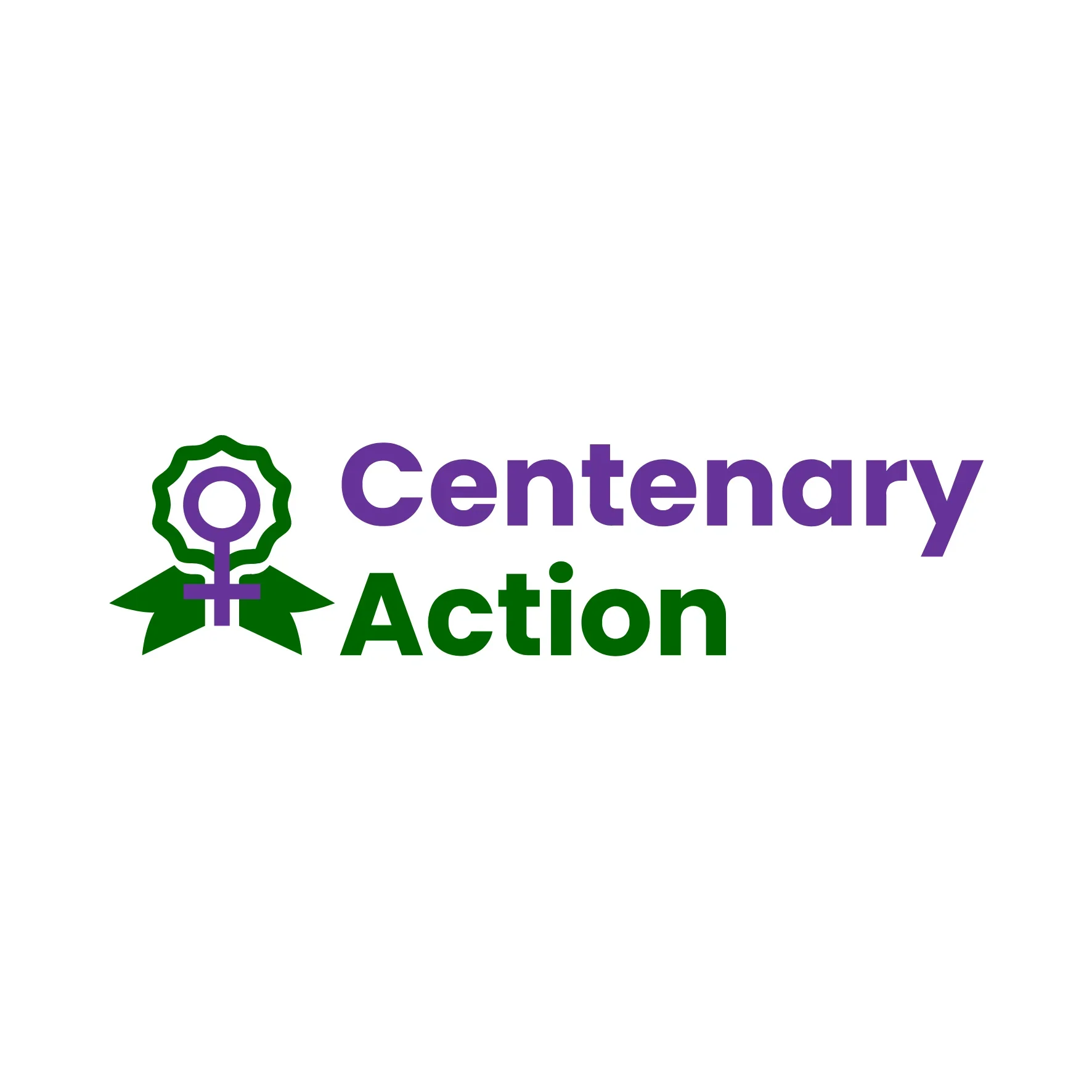 A white background, with 'Centenary Action' written in purple and green. There is a purple and green rosette to the left.