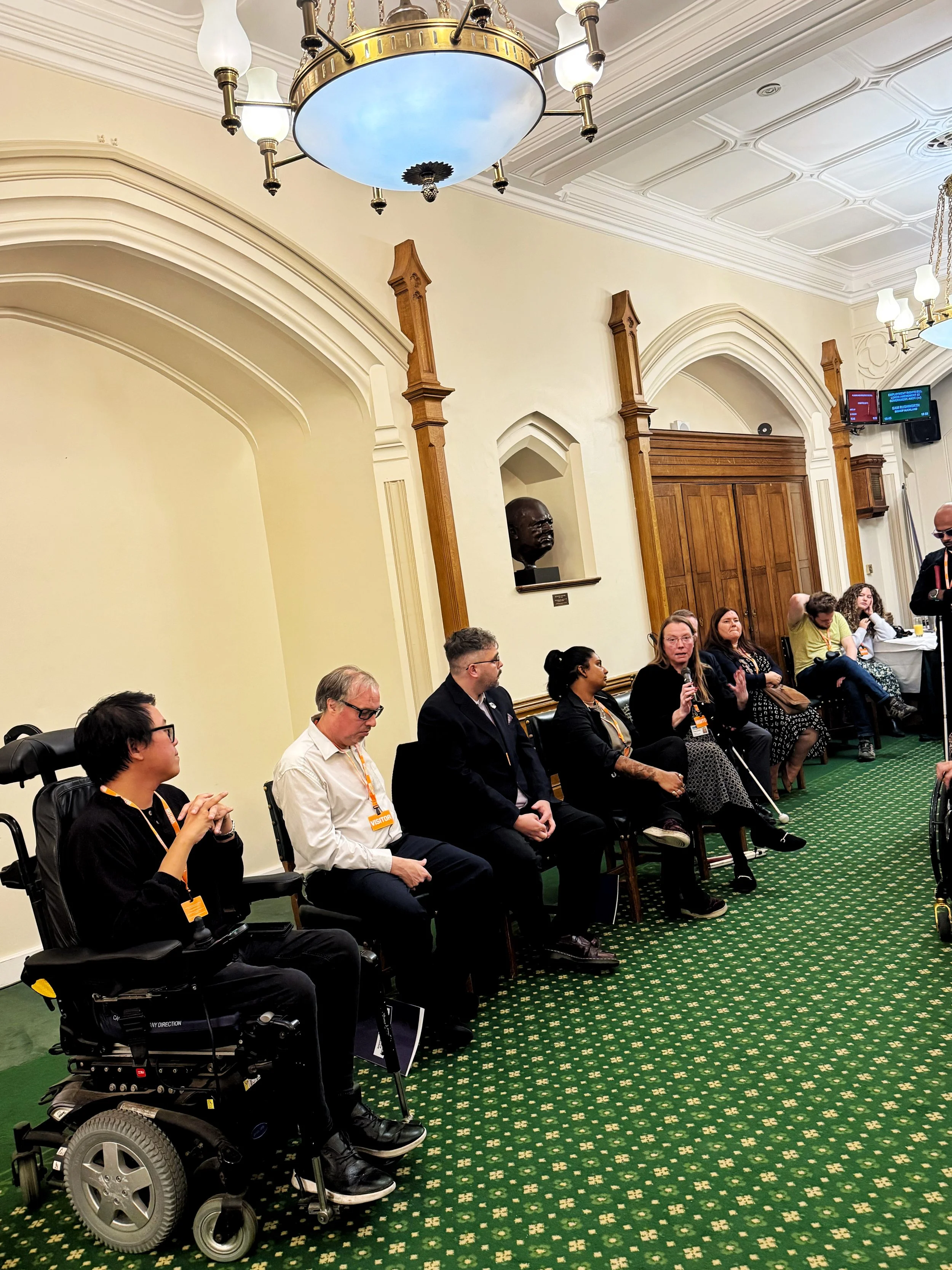 Panel discussion in the Churchill Room, Houses of Parliament, with James and Gáibhin seated beside Ria Patel while Michelle Anglesea listens speaks into a microphone alongside the