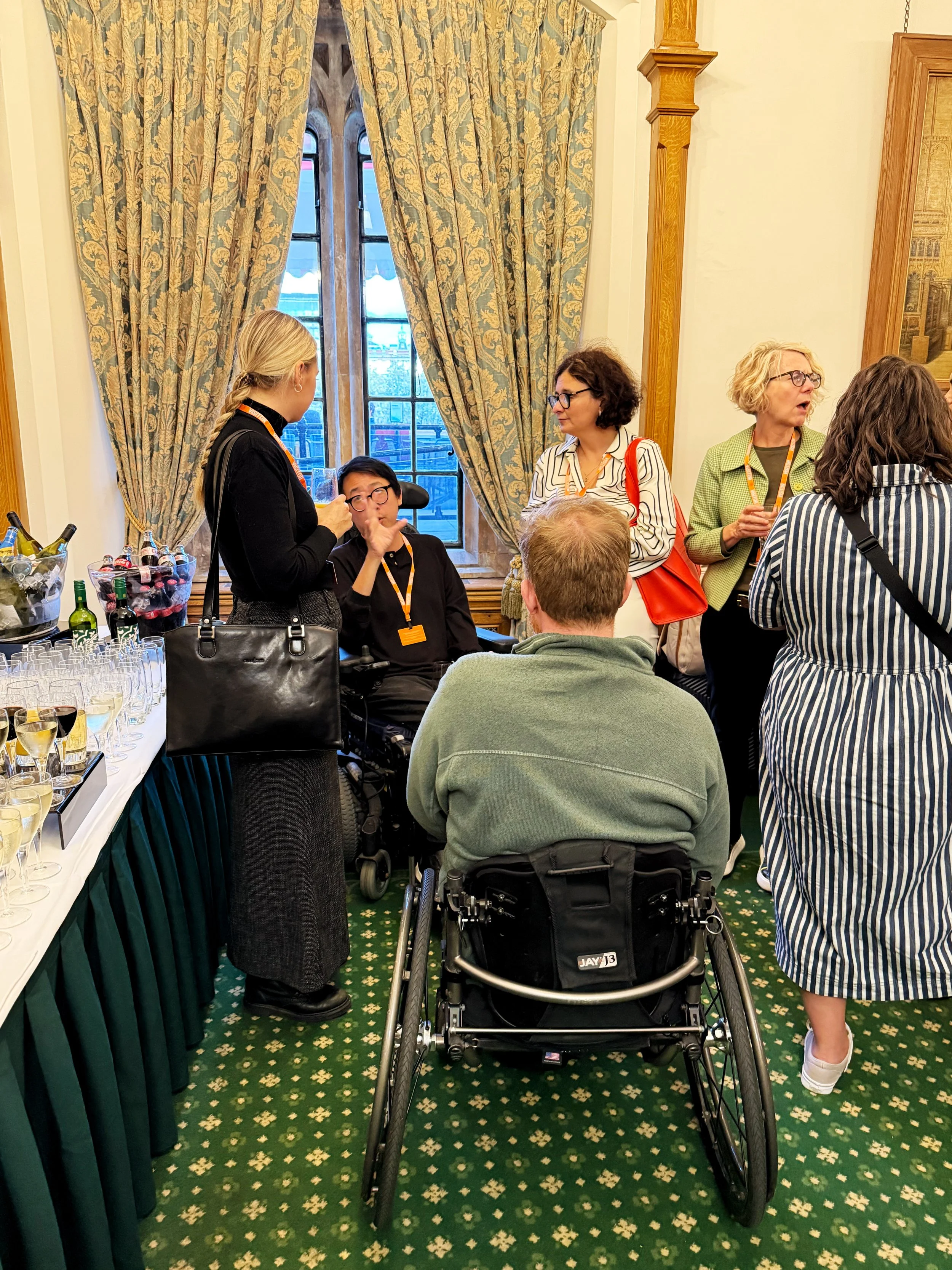 Conversation in the Churchill Room, Houses of Parliament, with a standing guests talking to a wheelchair user. The room features chandeliers, green patterned carpet, tall curtains, and framed historic paintings on the walls.