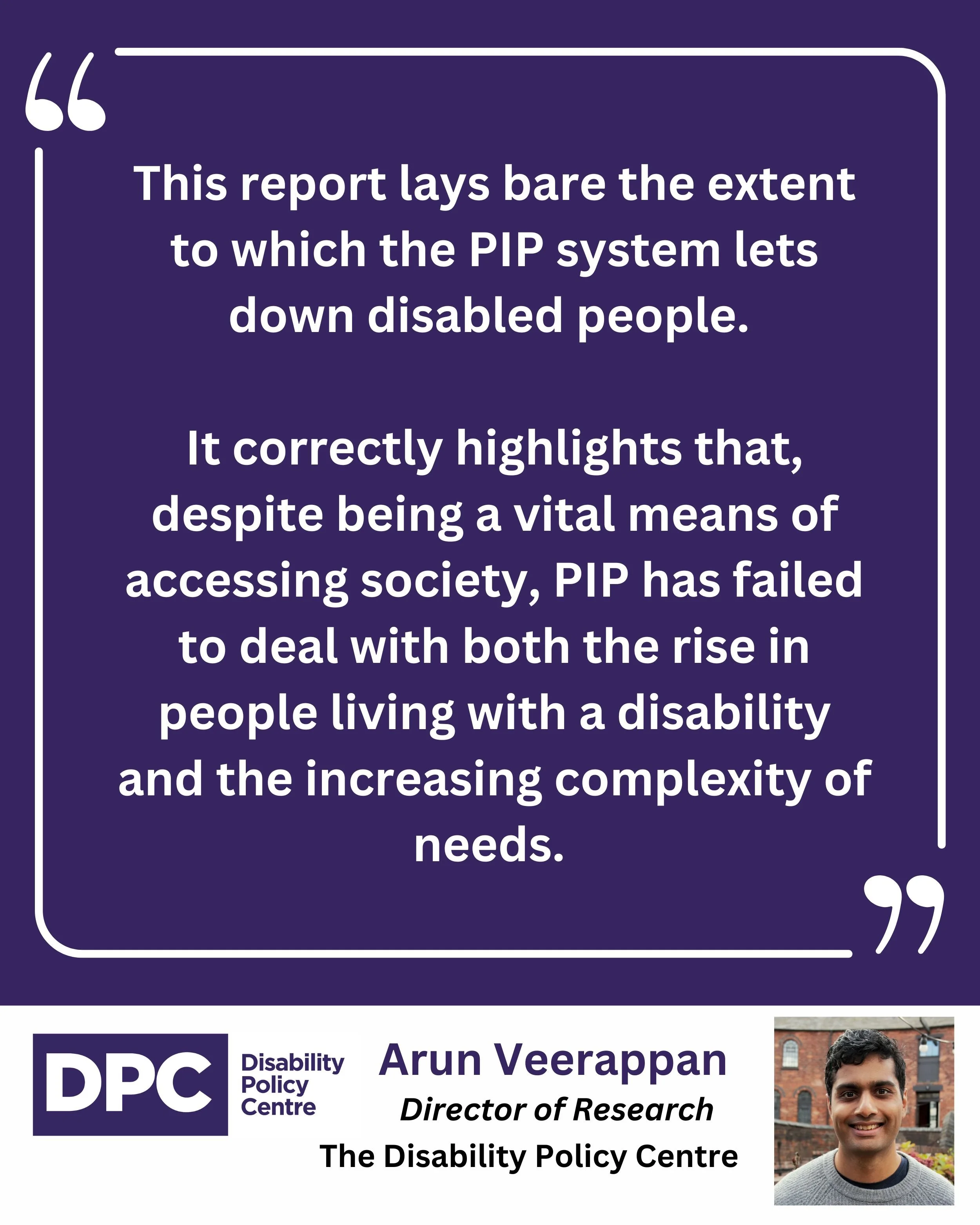 A purple box with the DPC logo, and a photo of Arun, with his name and title. White writing is in white speech marks.