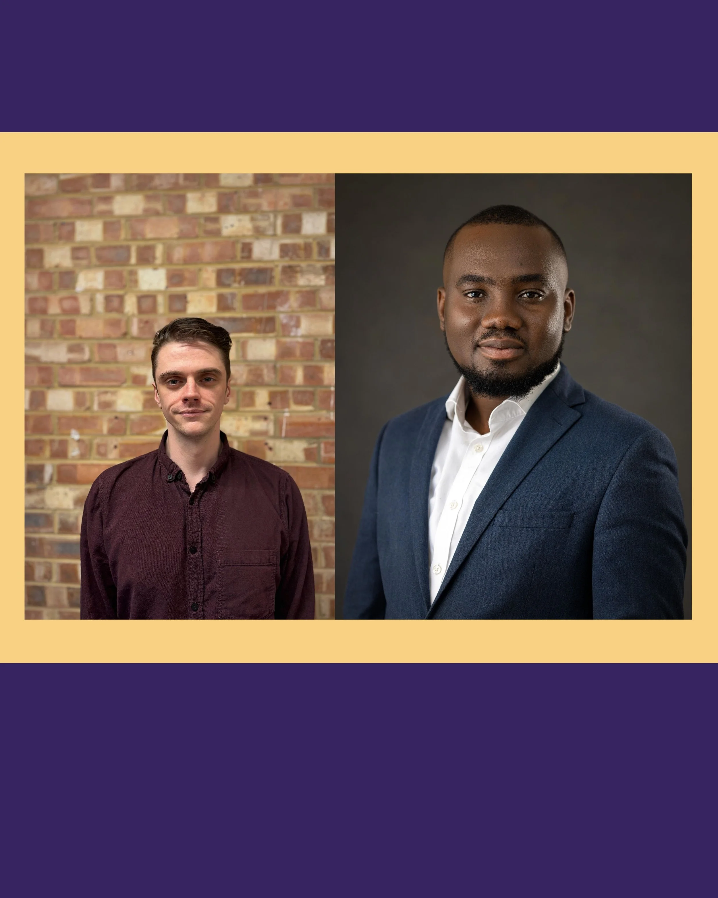  Two images headshots side by side on a purple and yellow background. On the right is a headshot of Derick and on the left a headshot of Josh