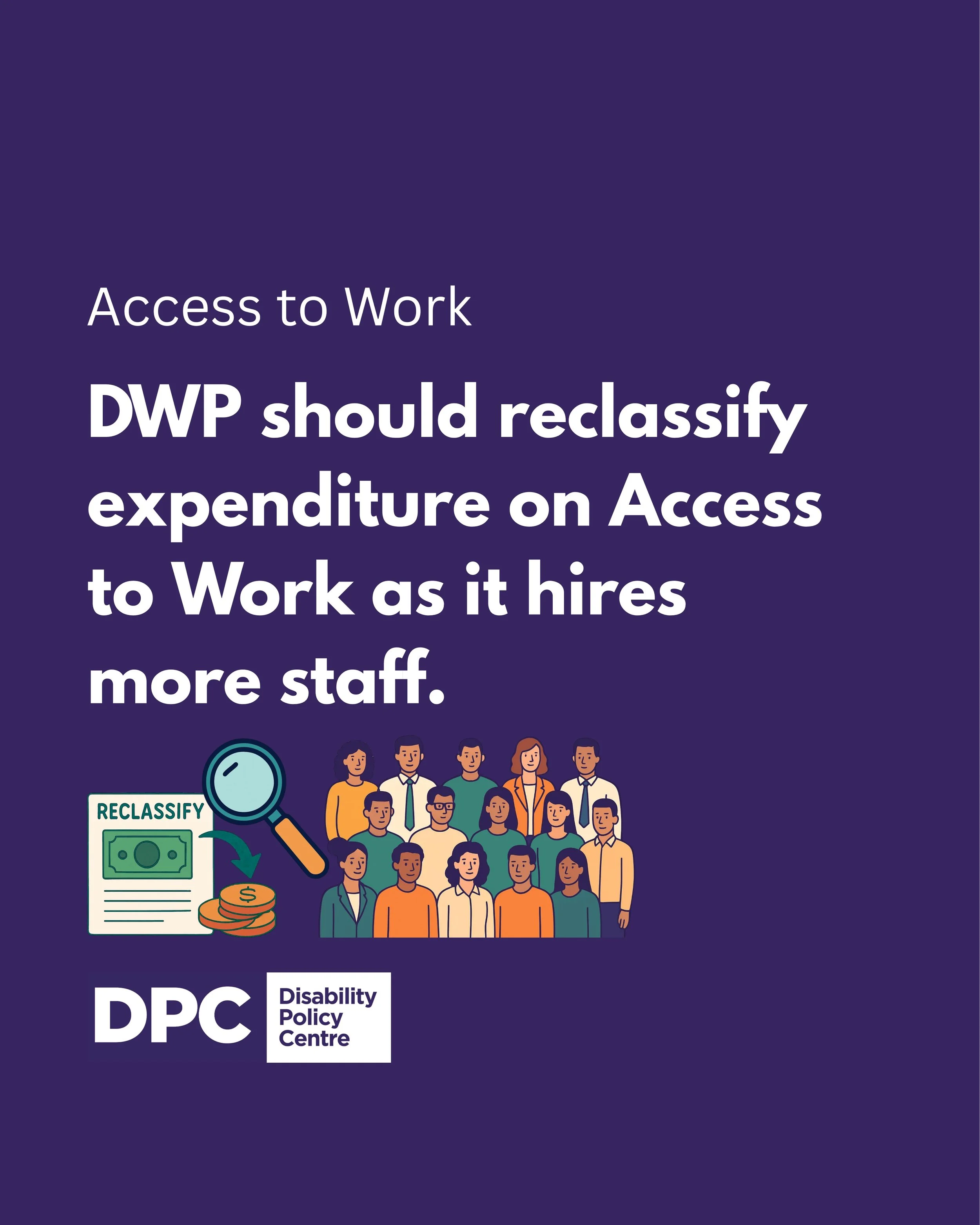 Graphic stating: “DWP should reclassify expenditure on Access to Work as it hires more staff.” Purple background with illustrations of documents, money, magnifying glass, and workers.