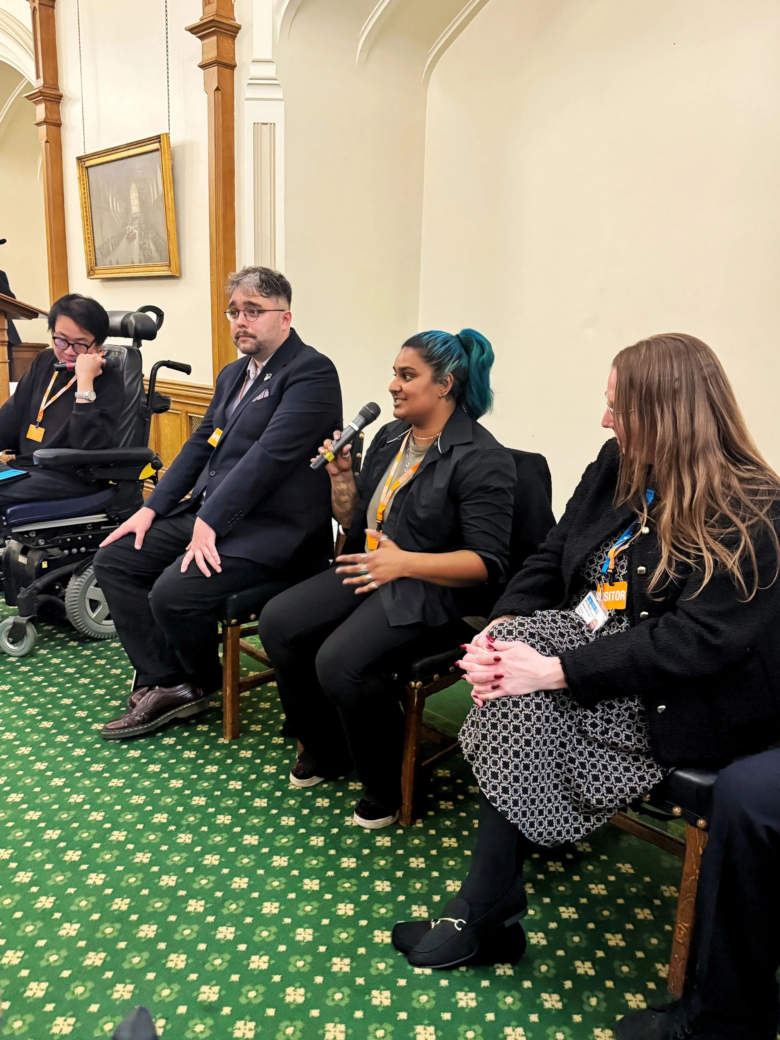 Panel discussion in the Churchill Room, Houses of Parliament, with James and Gáibhin seated beside Ria Patel speaking into a microphone, while Michelle Anglesea listens attentively alongside them.