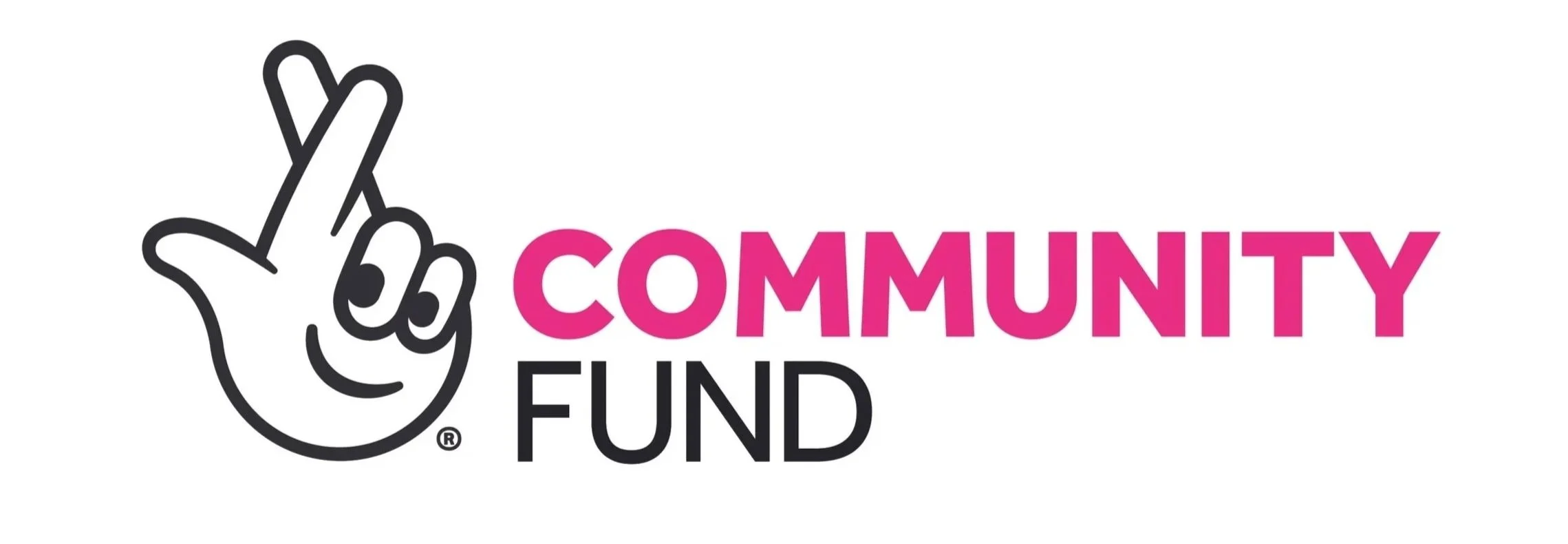National Lottery Community Fund logo featuring a black outlined hand with crossed fingers, alongside the word “COMMUNITY” in bright pink and “FUND” in dark grey on a white background.