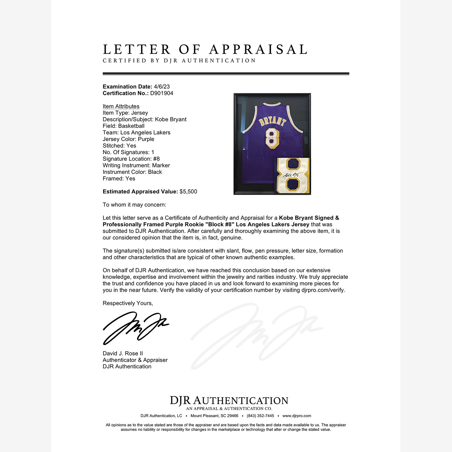 Kobe Bryant Signed Purple Rookie Block #8 Los Angeles Lakers Jersey Framed  — DJR Authentication | Expert Appraisal, Authentication, and Selling