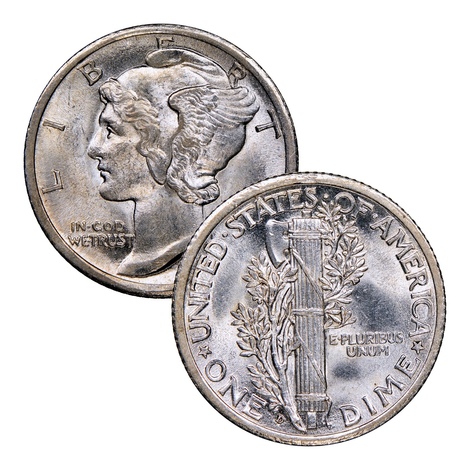1916-D Mercury silver dime obverse and reverse displaying Liberty head on the front and fasces with olive branch on the reverse.