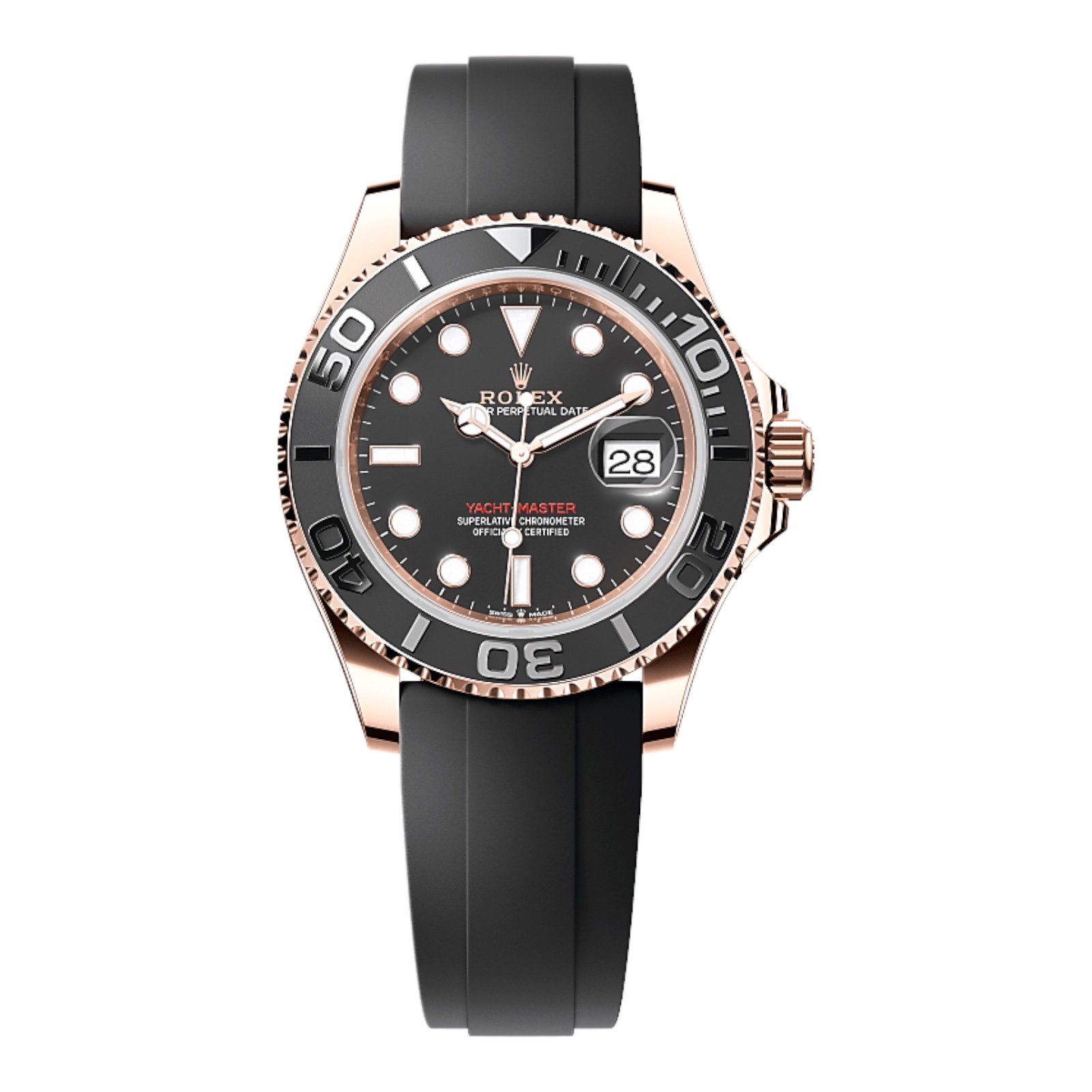 Rolex Yacht-Master 40 reference 126655 in 18 kt Everose gold with black dial, rotating bezel, and black Oysterflex rubber strap.