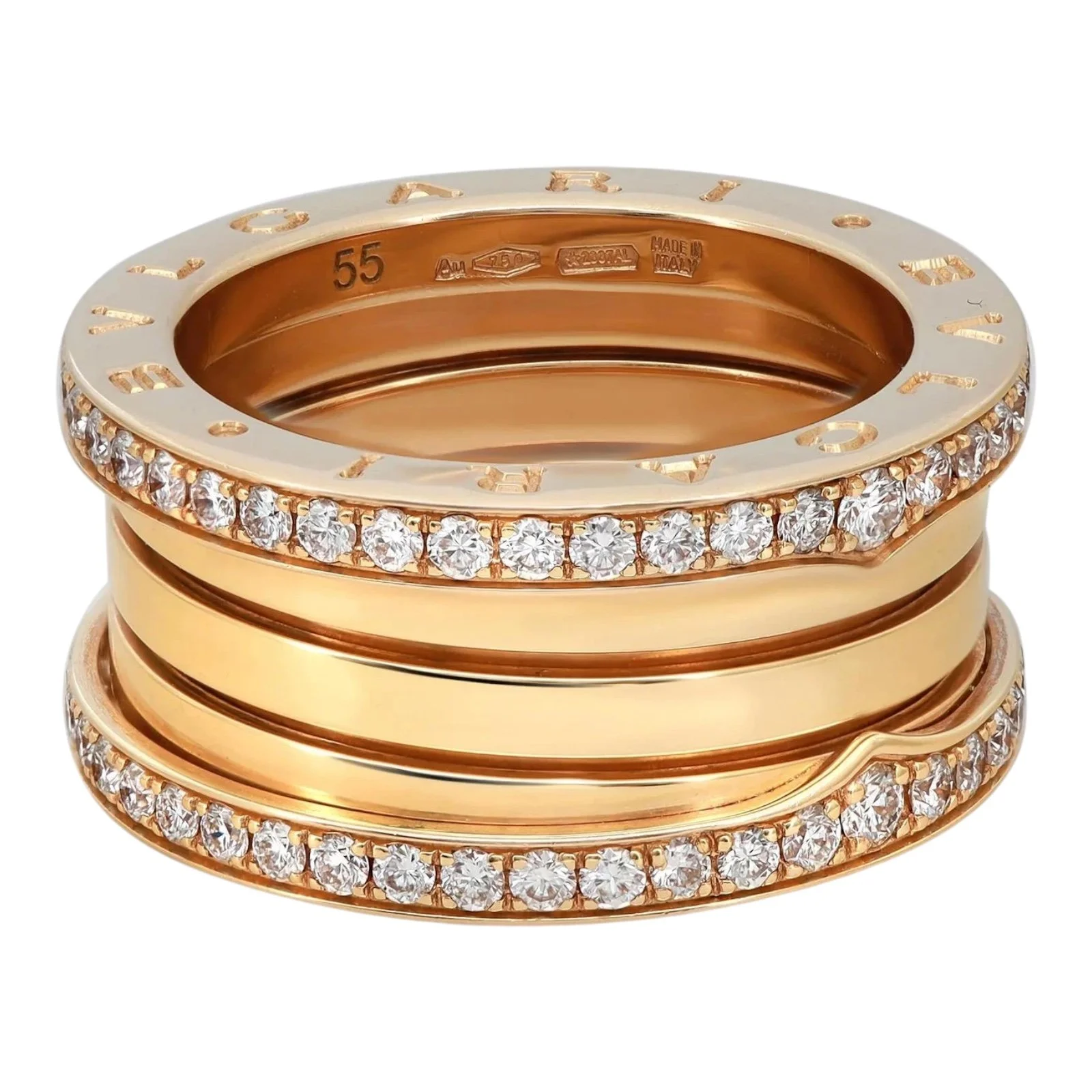 Bvlgari B.zero1 diamond band ring in 18k yellow gold size 55 US 7 with pavé diamond rows and engraved BVLGARI hallmark