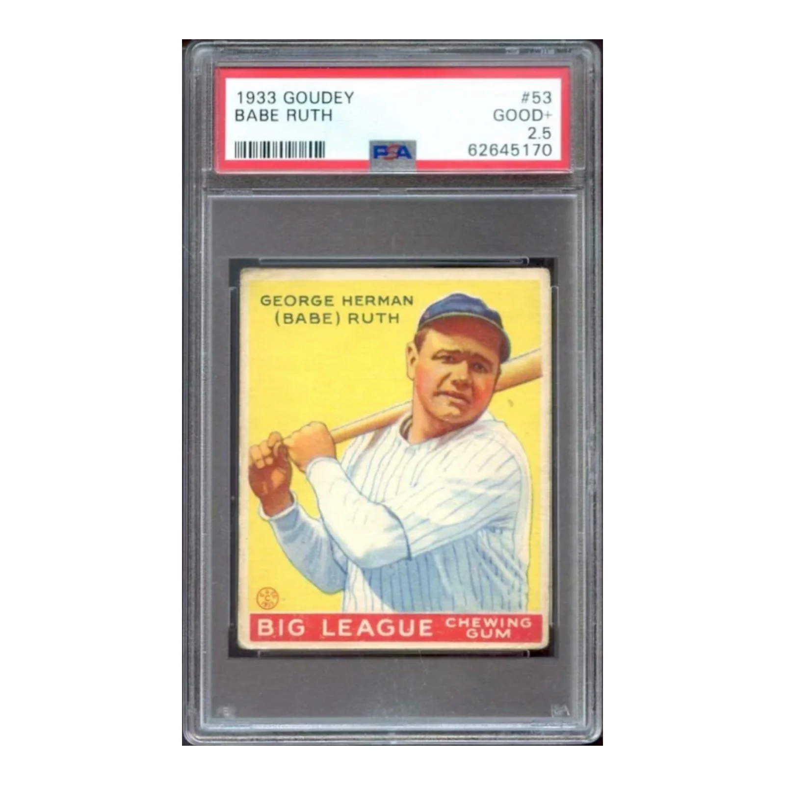 1933 Goudey Babe Ruth baseball card #53 in PSA 2.5 slab showing Ruth holding a bat with yellow background and Big League Chewing Gum branding.