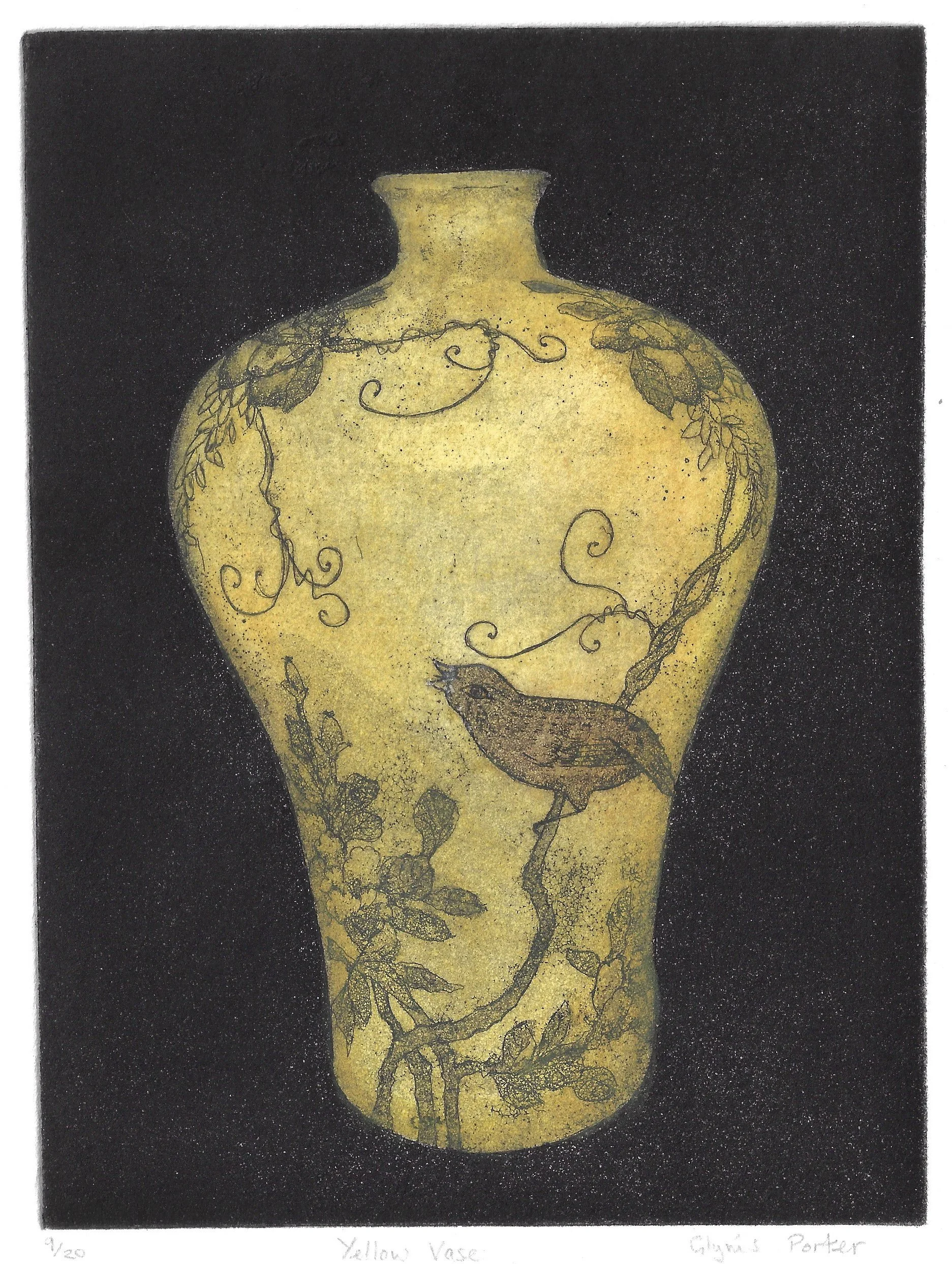 Yellow Vase, Hand-coloured Etching and Aquatint (15 x 20 cm)