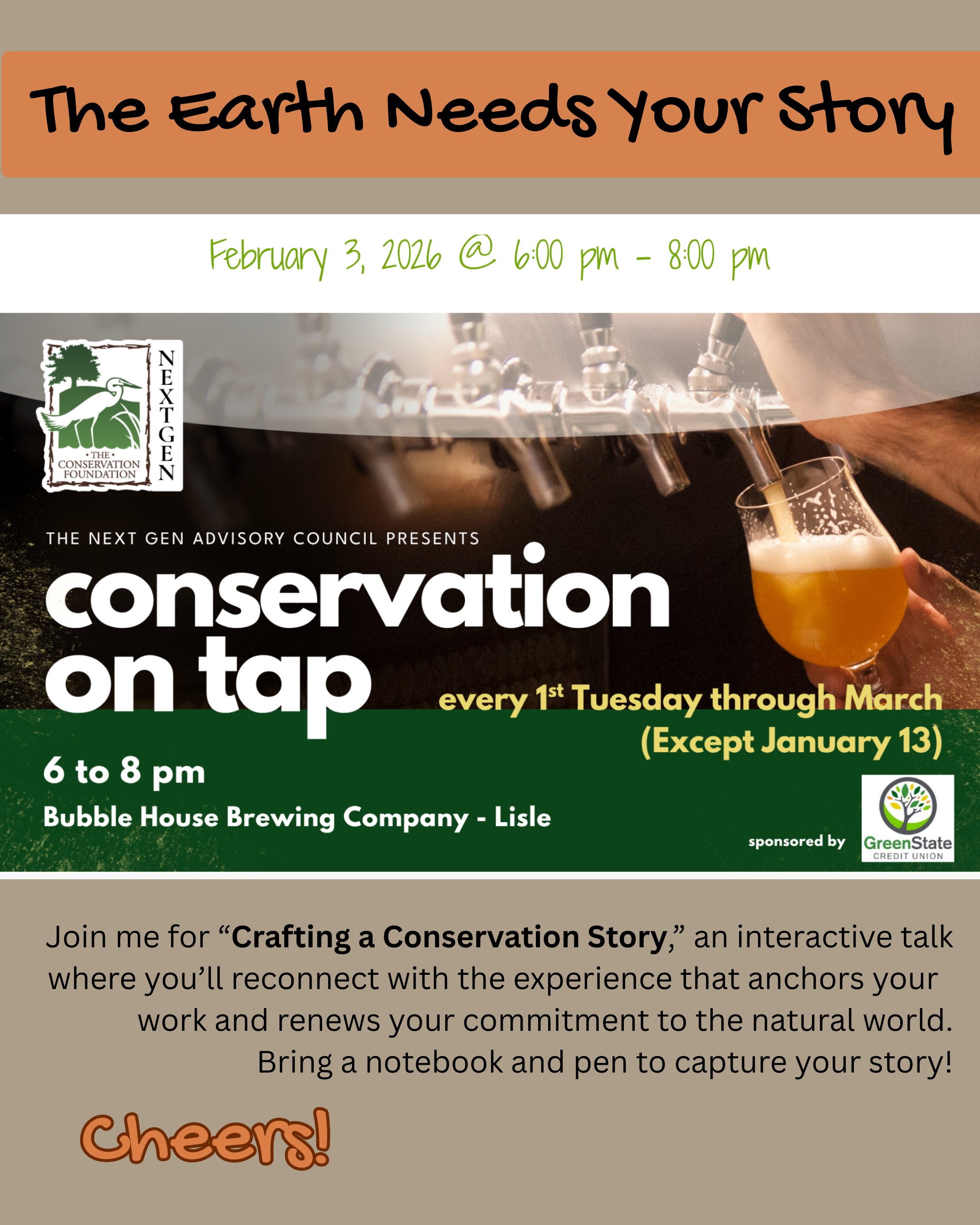 A heron, which represents The Conservation Foundation" is depicted on the left-hand side of the image, while in the background 'on tap' beer is being poured.