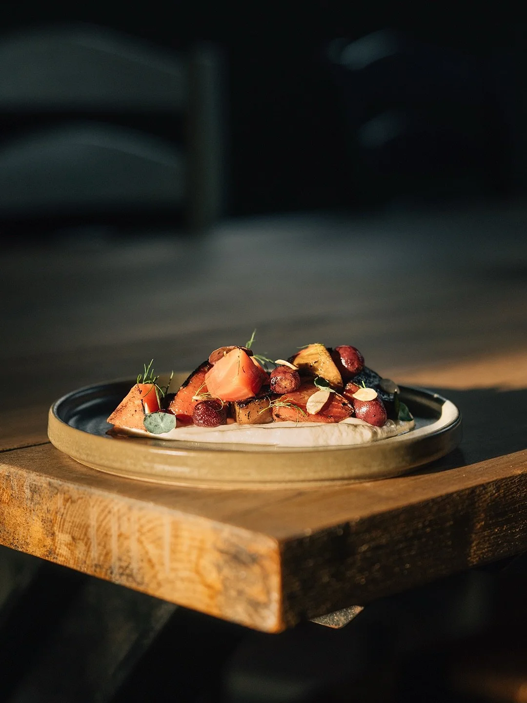 Ajo blanco, Flourish Farm beets, flamed grapes &amp; almonds.

A dish that perfectly captures the spirit of Provenance, locally grown ingredients, simple techniques, and bold wood-fired flavour. The creamy ajo blanco pairs beautifully with earthy bee