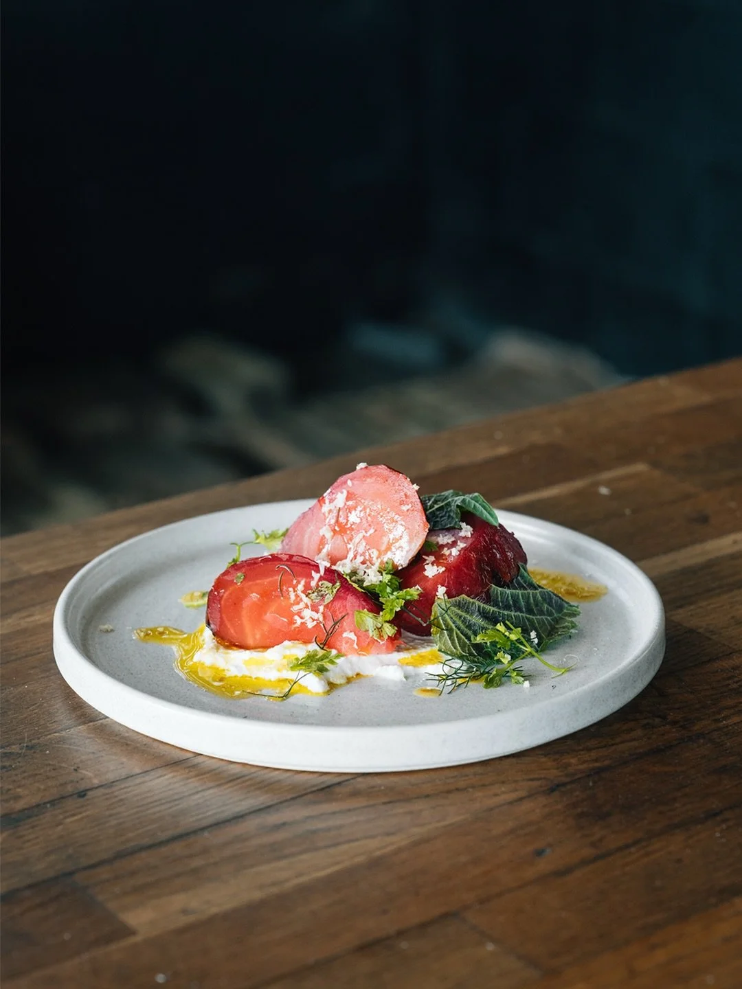 From our Orchard Feast, a celebration of autumn produce cooked over fire, chargrilled Flourish Farm Chioggia beetroots, smoked goat’s curd, and cobnuts.
Each element brings a balance of sweetness, smoke, and texture, the earthy beetroot charre