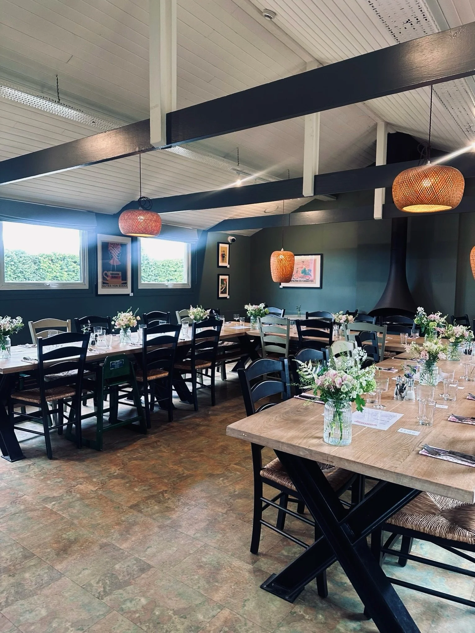 A room built for gathering.

The hanging fireplace area seats up to forty, last weekend it held a family of twenty-eight, celebrating Joyce&rsquo;s 90th. Saffron Grange on arrival, canap&eacute;s, a bespoke two-course lunch, wine flowing, teas and co