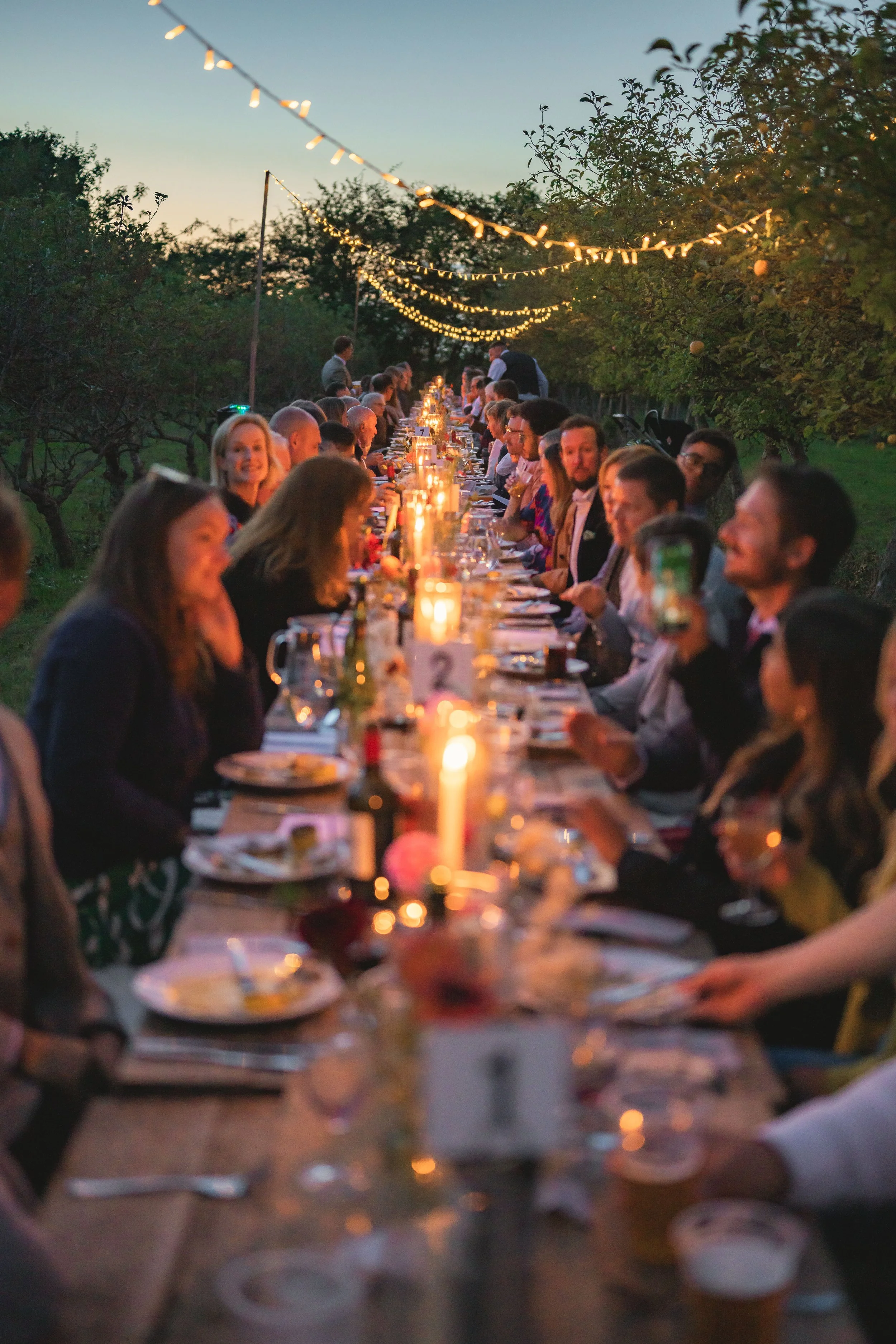A large outdoor dinner party at dusk with a long table, string lights overhead, candles, and many people seated, enjoying food and drinks.
