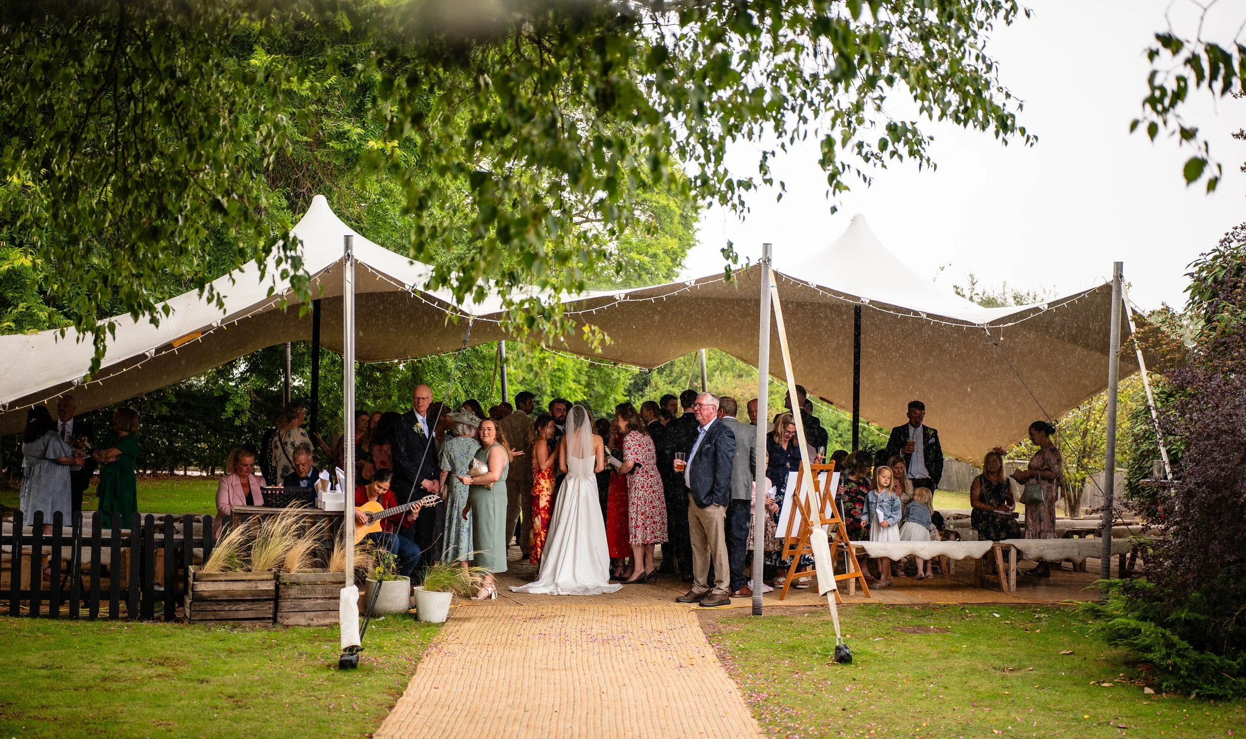 Wedding reception under a canopy with guests mingling, some sitting, some standing, some playing guitar, outdoors with trees and greenery.