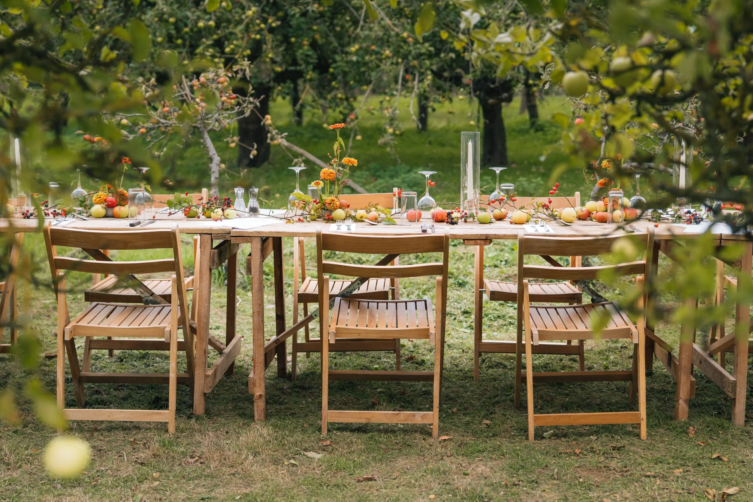 Wooden outdoor dining table set with glassware, apples, berries, and decorative flowers in a lush orchard.