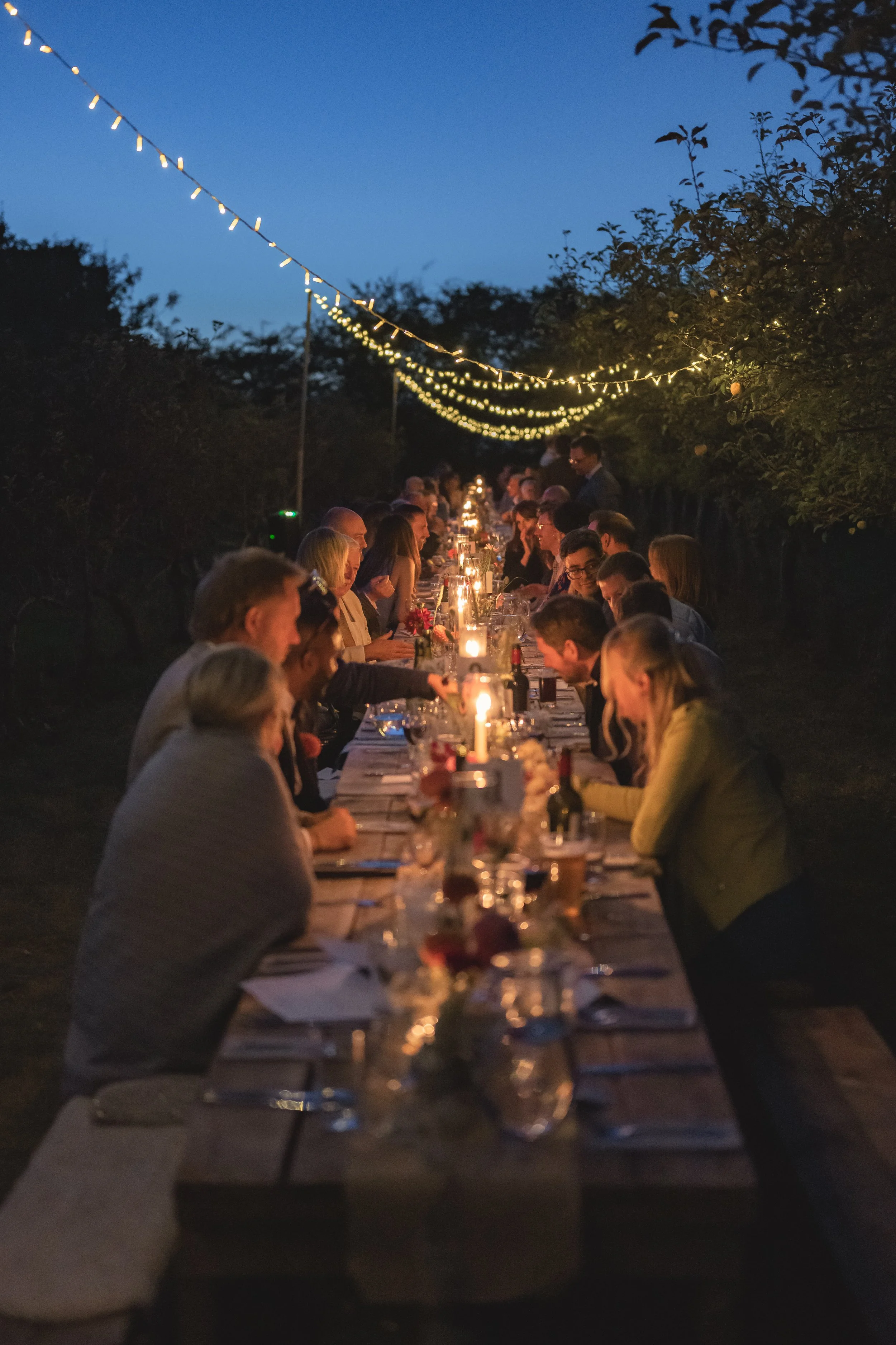 A long outdoor dinner table with people dining at night, illuminated by string lights and candles, surrounded by trees.