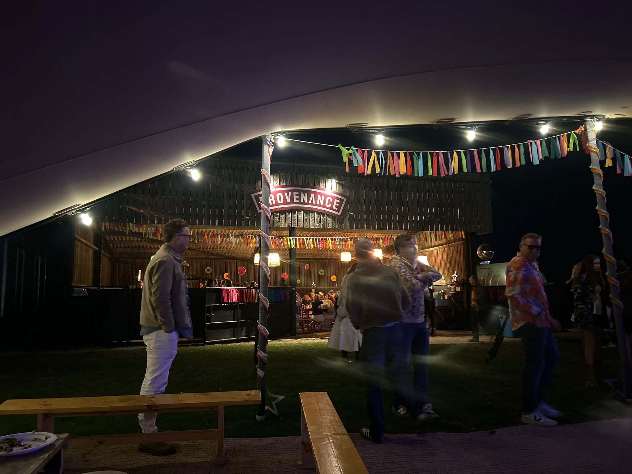 Night scene at a party with people socializing outside a decorated venue named 'Provenance', adorned with colorful streamers and string lights.