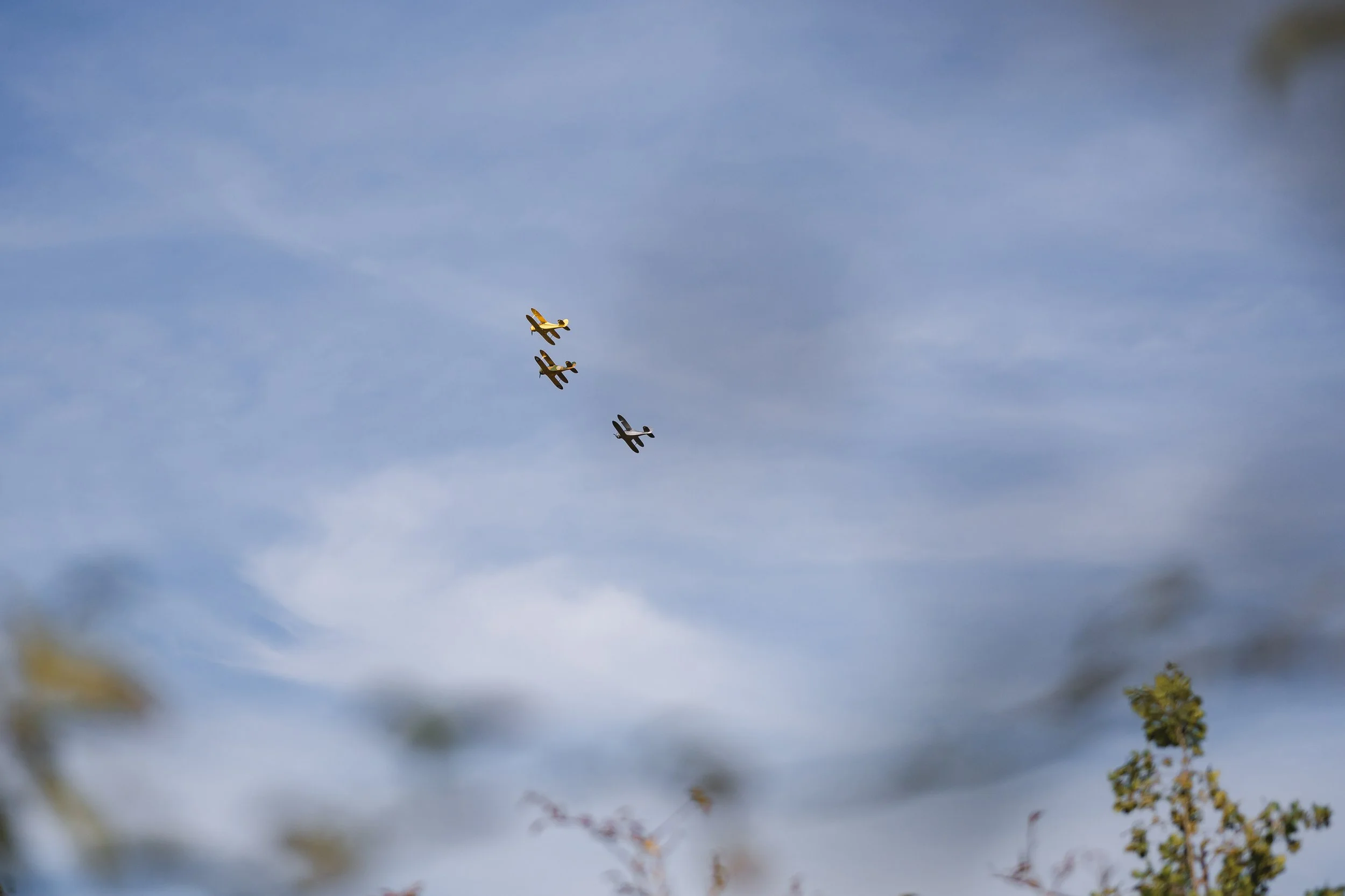 Three small airplanes flying in a formation in the sky with some clouds, seen through blurred tree branches in the foreground.
