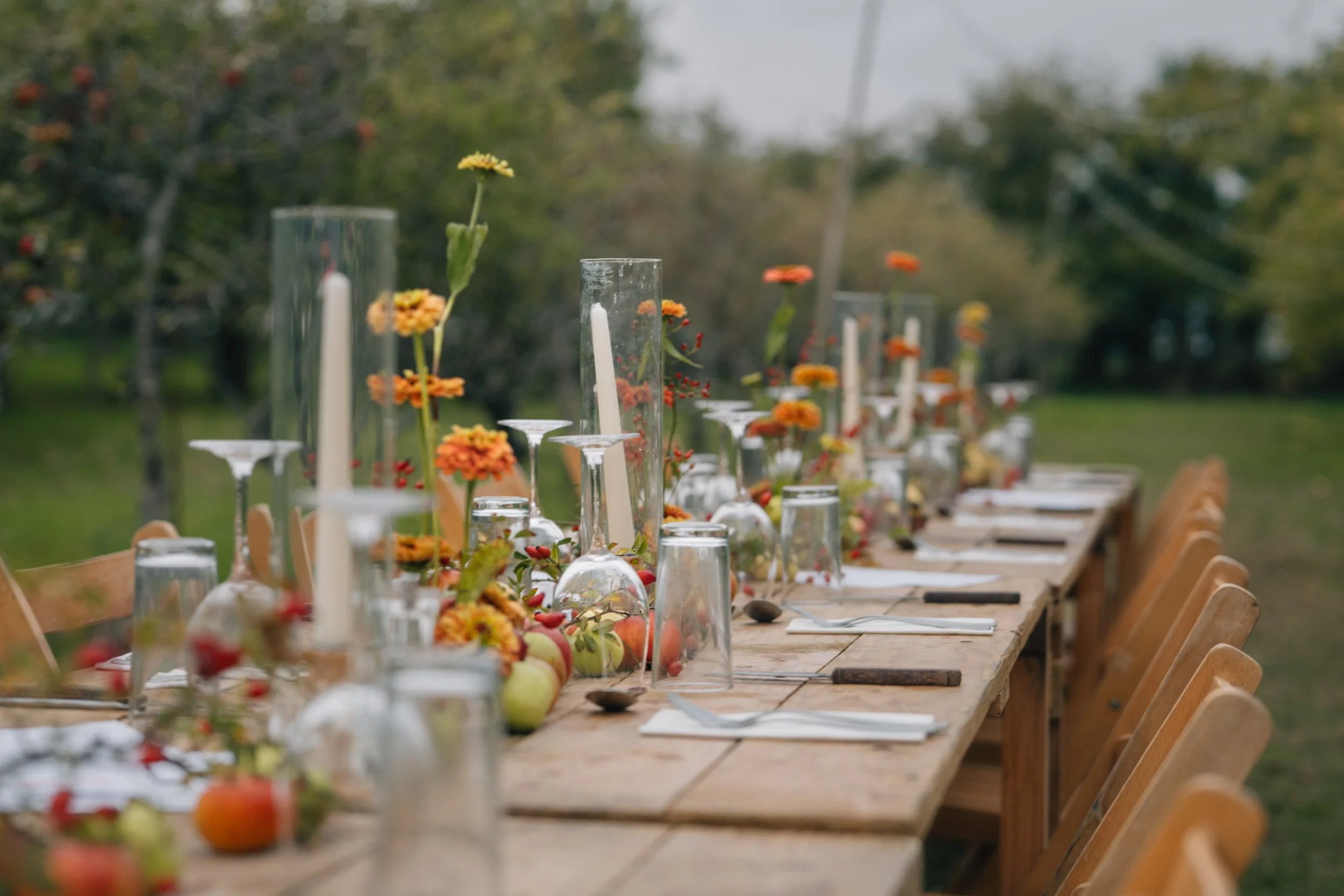 Outdoor dining table decorated with flowers, apples, candles, glasses, and plates, set for a gathering on a grassy area with trees in the background.