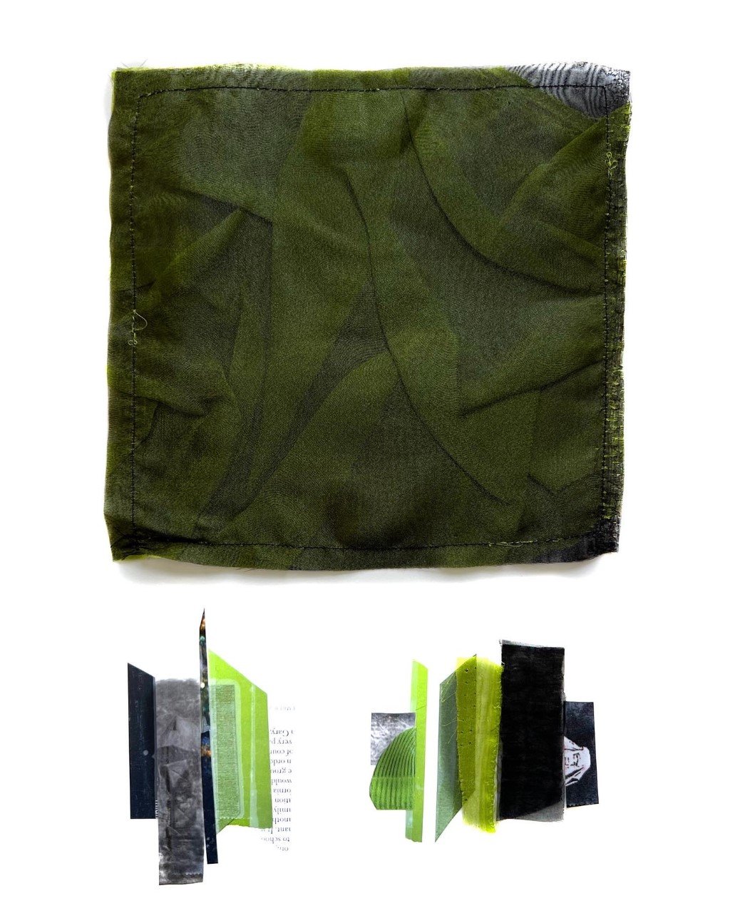 Chartreuse chiffon trapped between layers of black tulle- reminiscent of camouflage, leaves.
