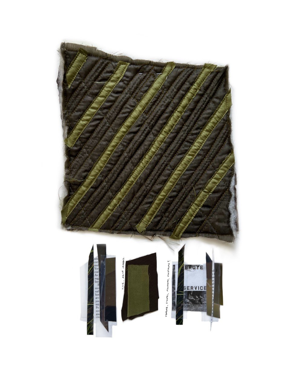 Nylon from rain jacket found at Goodwill and scraps of olive green lining fabric, pieced together and quilted,