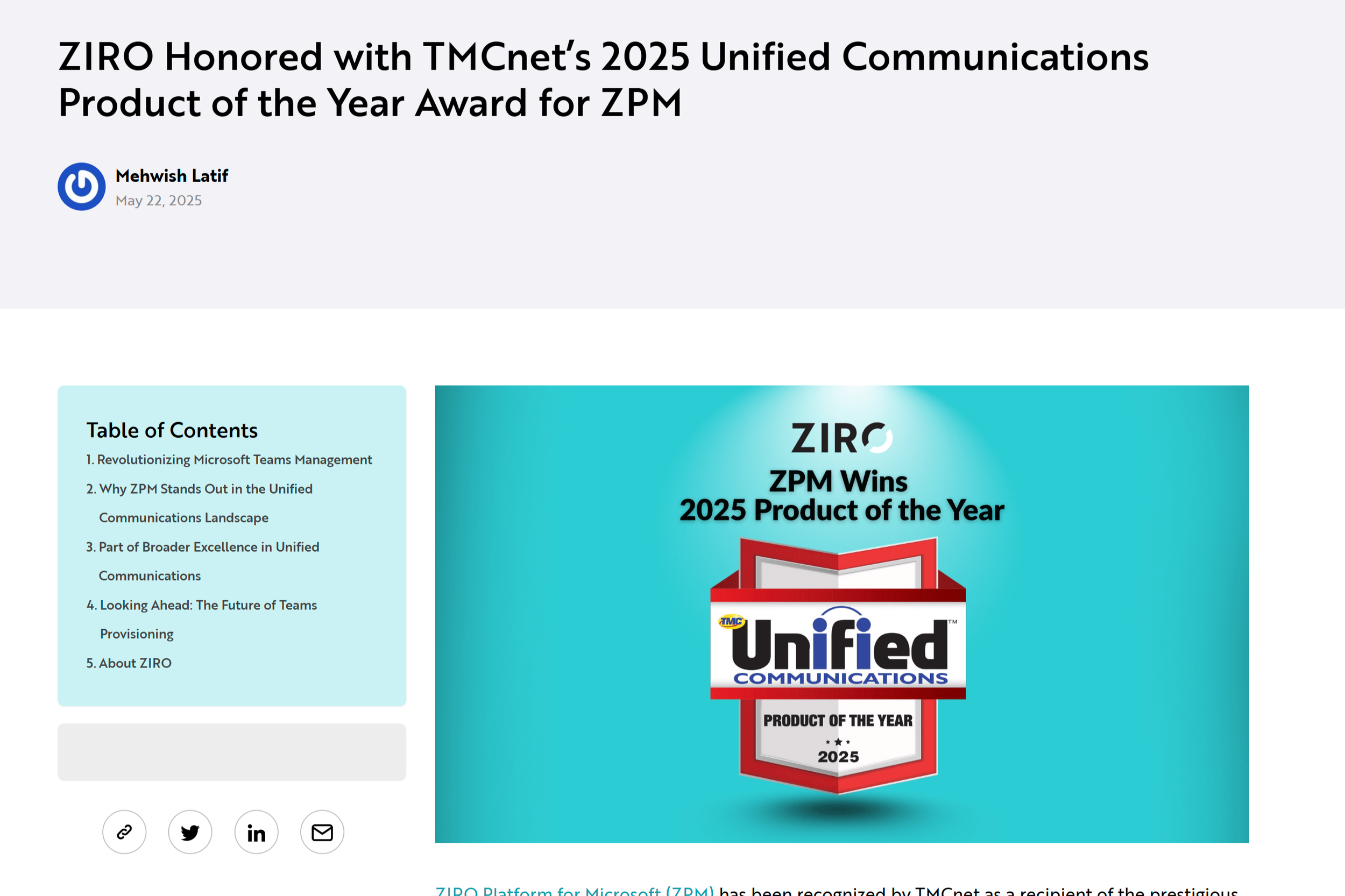  ZIRO Honored with TMCnet’s 2025 Unified Communications Product of the Year Award for ZPM